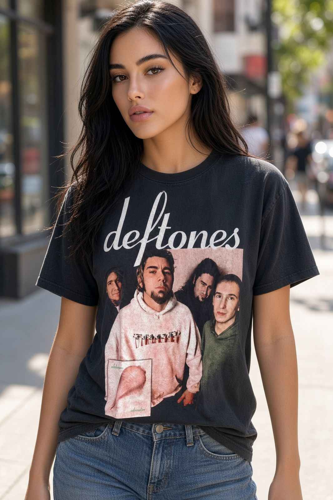 Model wearing Deftones UK Adrenaline vintage band t-shirt