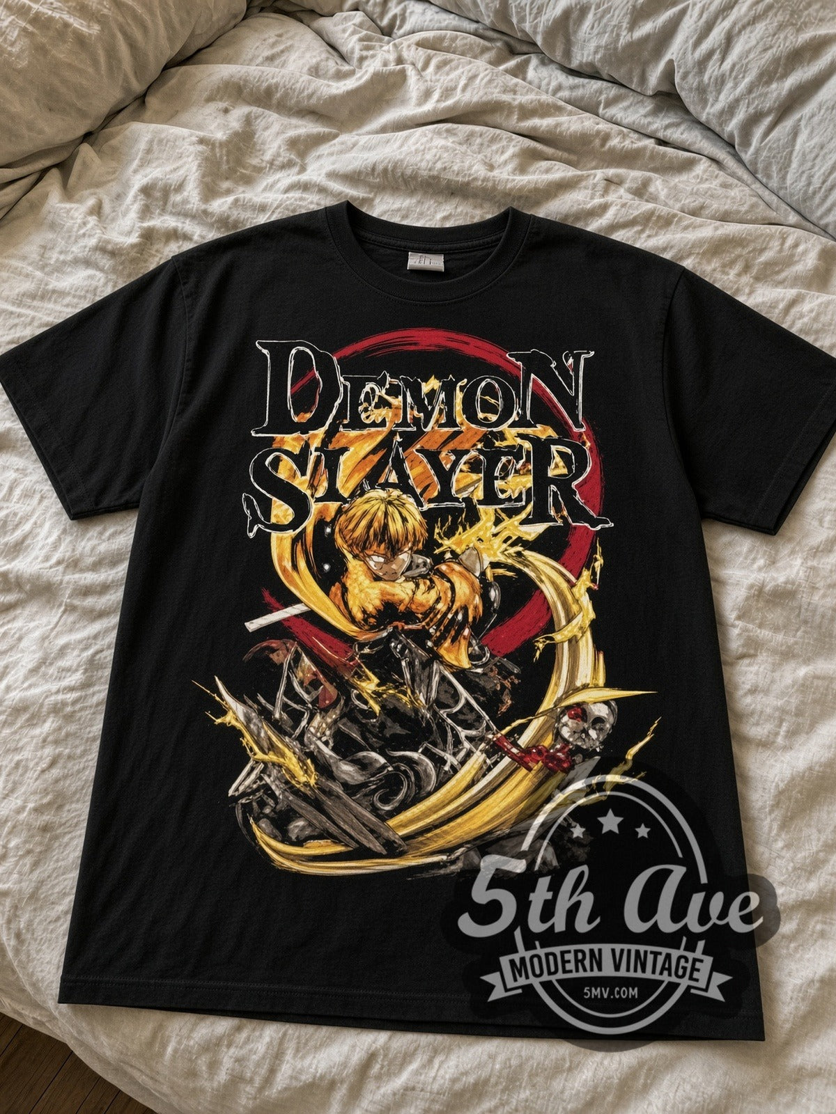 Demon Slayer Zenitsu Thunder Breathing black graphic tee laid flat on linen bed
