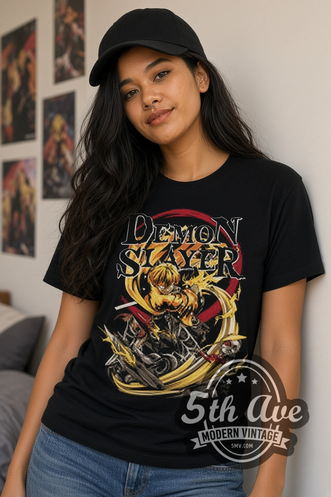 Woman wearing Demon Slayer Zenitsu Thunder Breathing double stitched black graphic tee