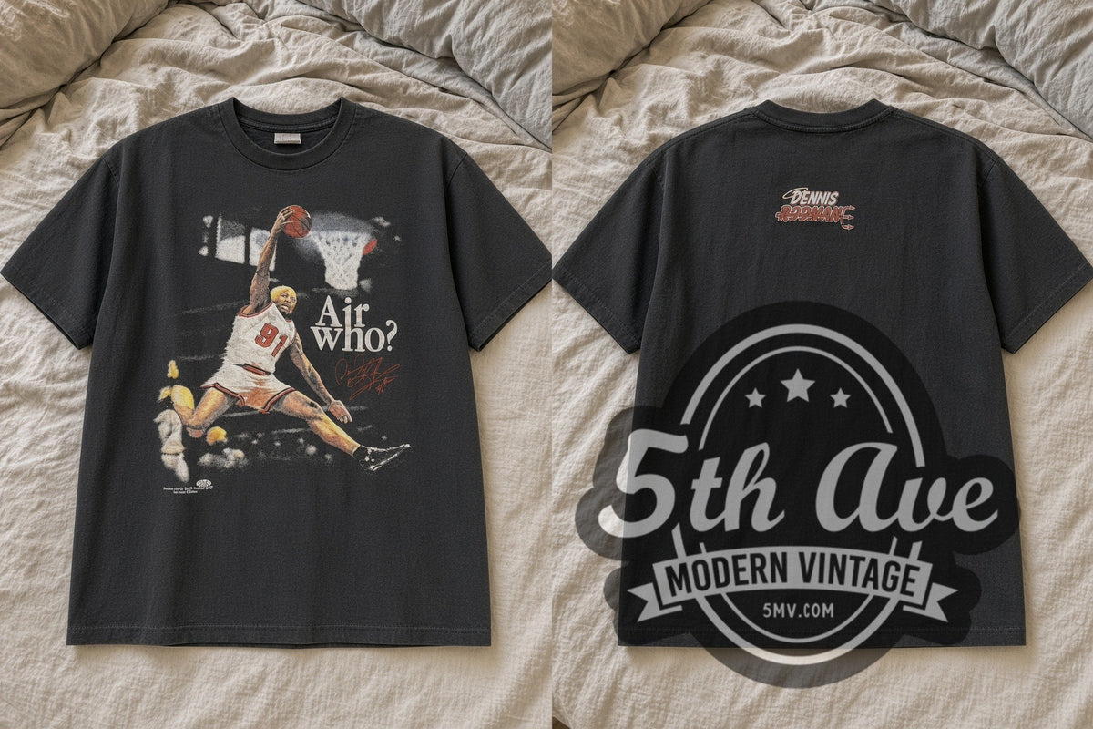 Dennis Rodman – Air Who? #91 Bulls Dunk – Vintage Basketball T-Shirt – front and back flat lay