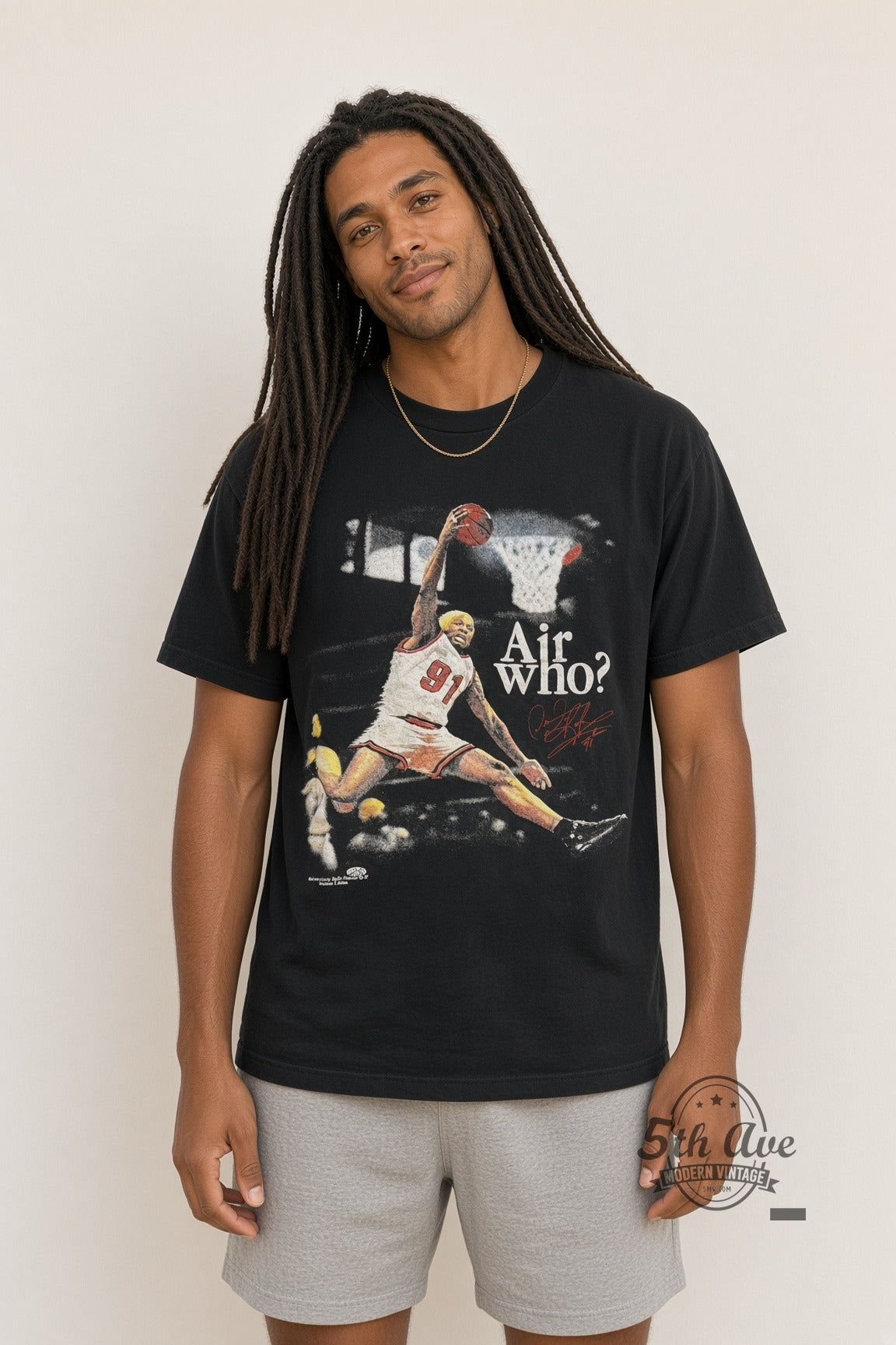Model wearing Dennis Rodman Air Who? #91 Bulls Dunk vintage graphic tee