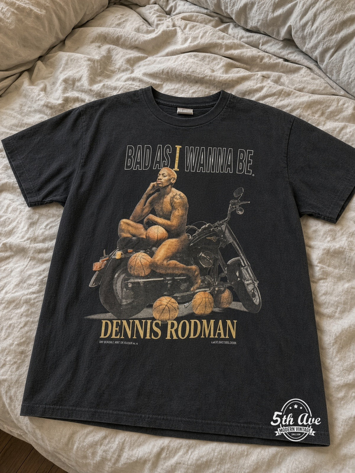 Dennis Rodman Bad As I Wanna Be vintage tee laid on bed