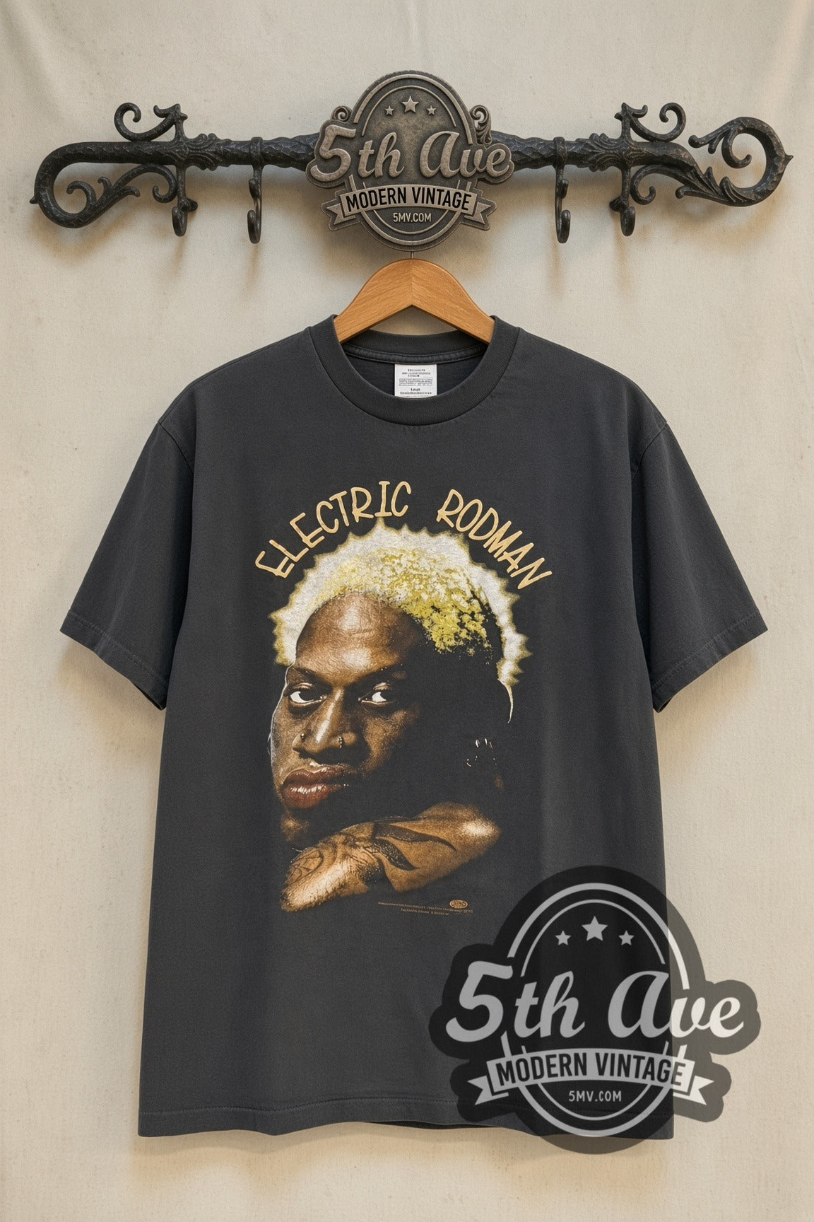 Dennis Rodman Electric Rodman Bleached Hair Portrait vintage graphic tee front on cream 5th Ave rack