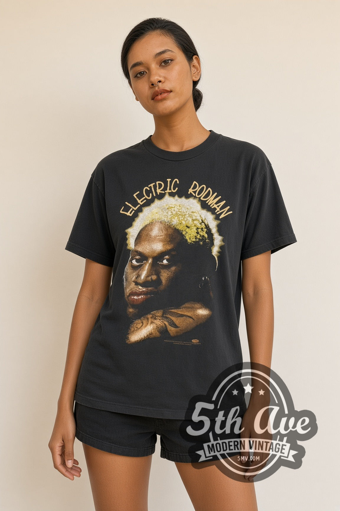 Model wearing Dennis Rodman Electric Rodman Bleached Hair Portrait vintage graphic tee