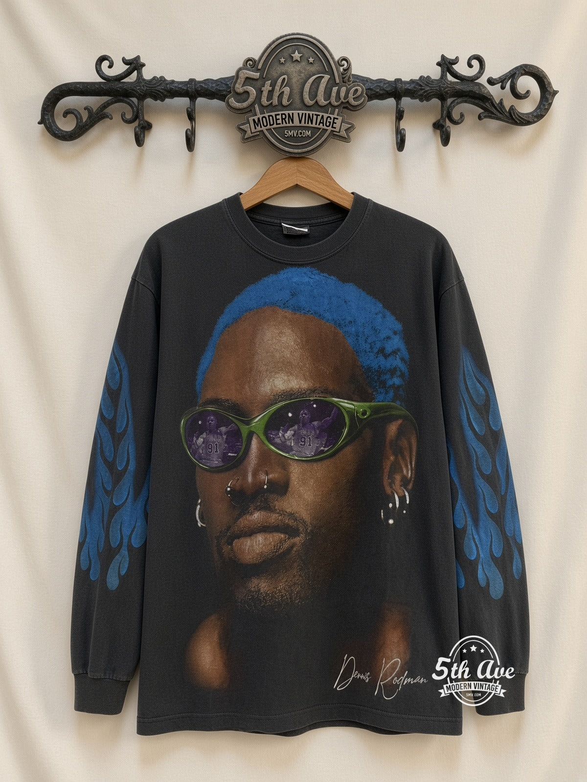 Dennis Rodman Just For Rodman Blue Hair Flames LS vintage t-shirt on rack