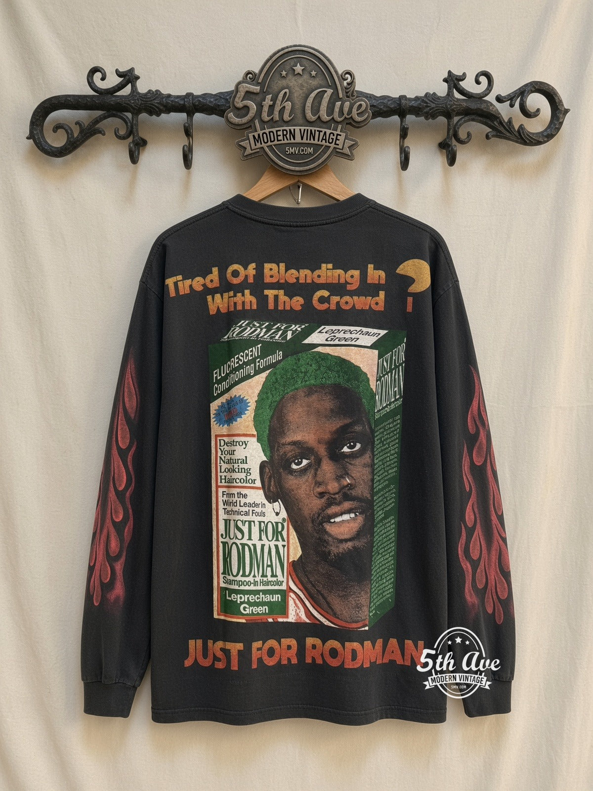 Dennis Rodman Just For Rodman Red Hair Flames LS vintage t-shirt back on rack