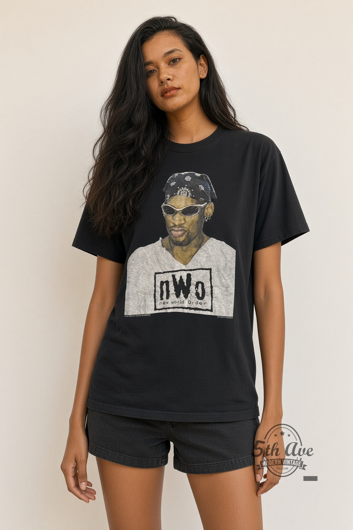 Model wearing Dennis Rodman nWo New World Order Bandana vintage graphic tee
