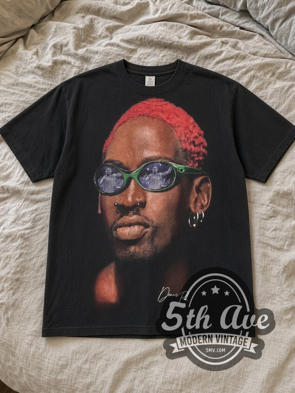 Black Dennis Rodman Tired Of Blending In With The Crowd? All Over Print Vintage Basketball T-Shirt laid flat on a linen bed