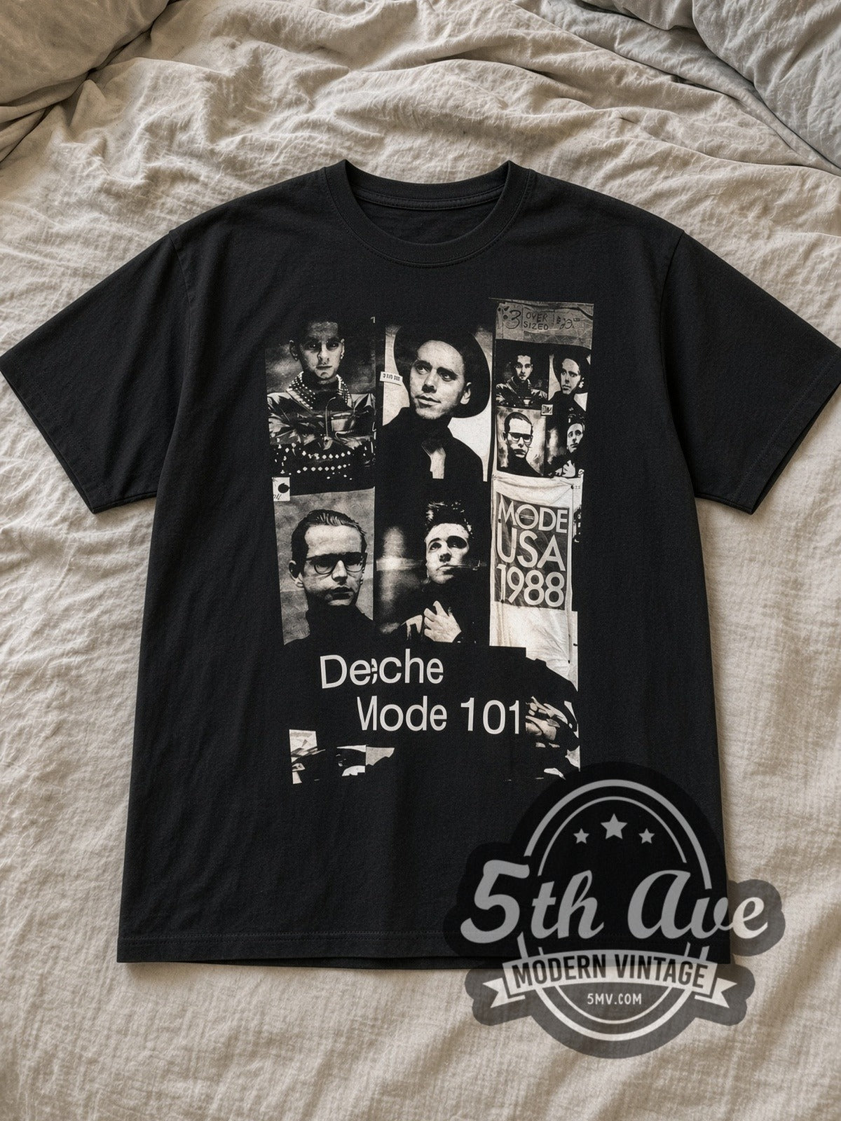 Black Depeche Mode 101 Vintage Band T-Shirt laid flat on a linen bed