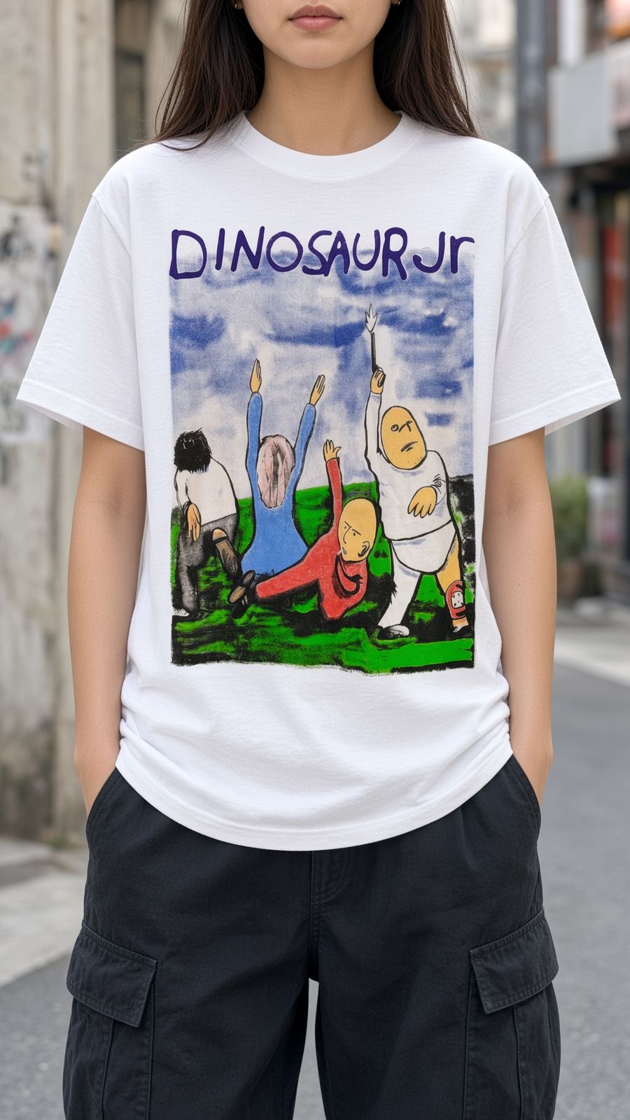 Model wearing Dinosaur Jr Australasia Japan 1995 vintage band t-shirt