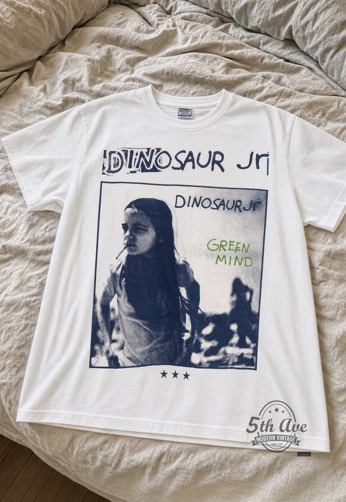 Dinosaur Jr Green Mind Cover Photo White white vintage tee laid flat on bed