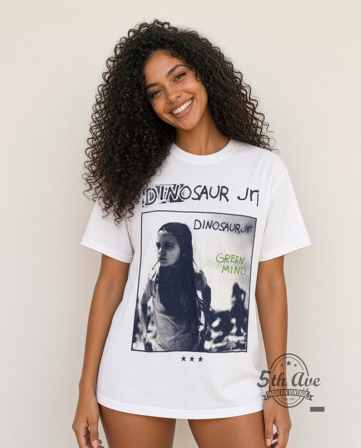 Model wearing Dinosaur Jr Green Mind Cover Photo White white vintage band t-shirt