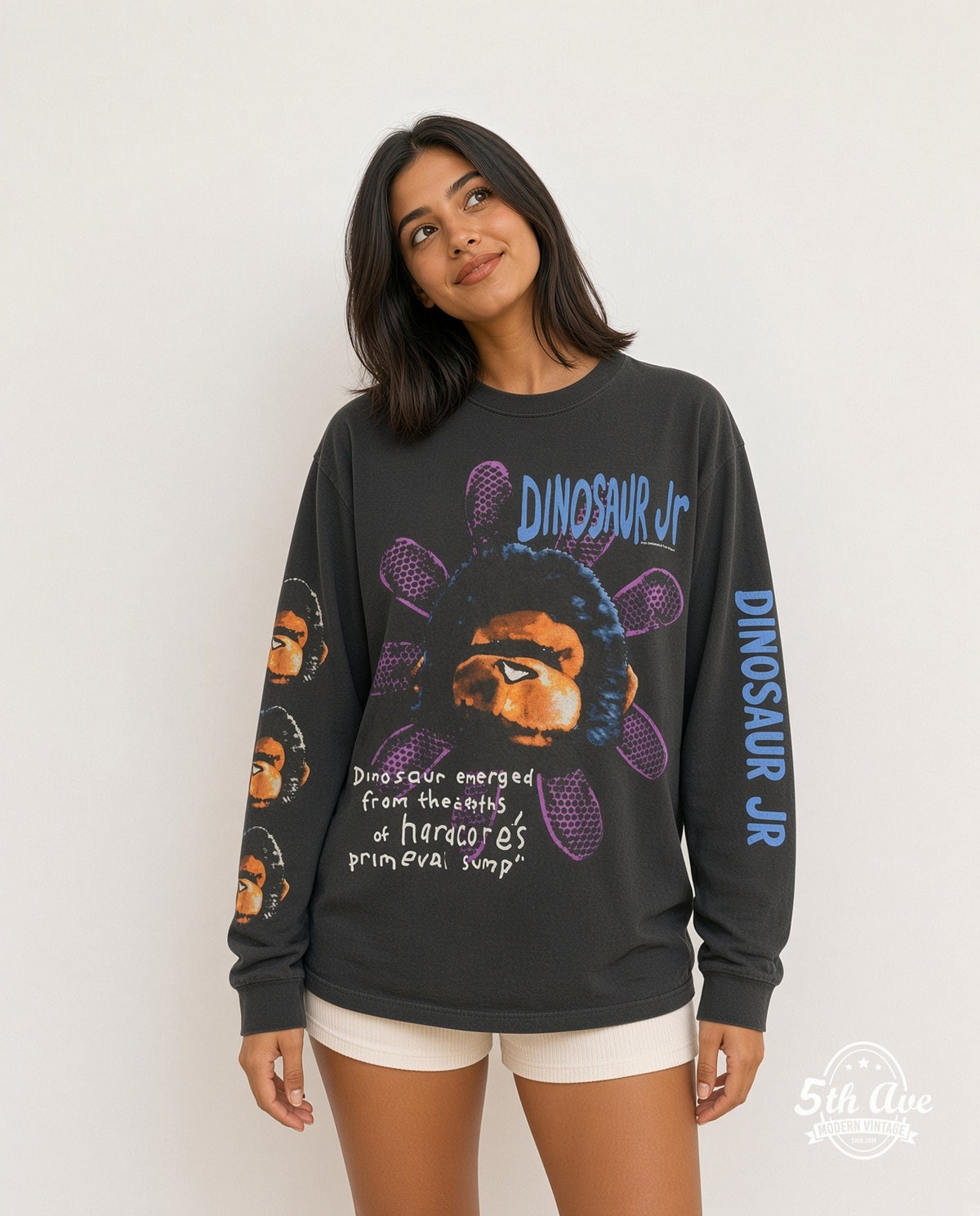 Model wearing Dinosaur Jr Monkey Flower Hardcore Swamp vintage t-shirt