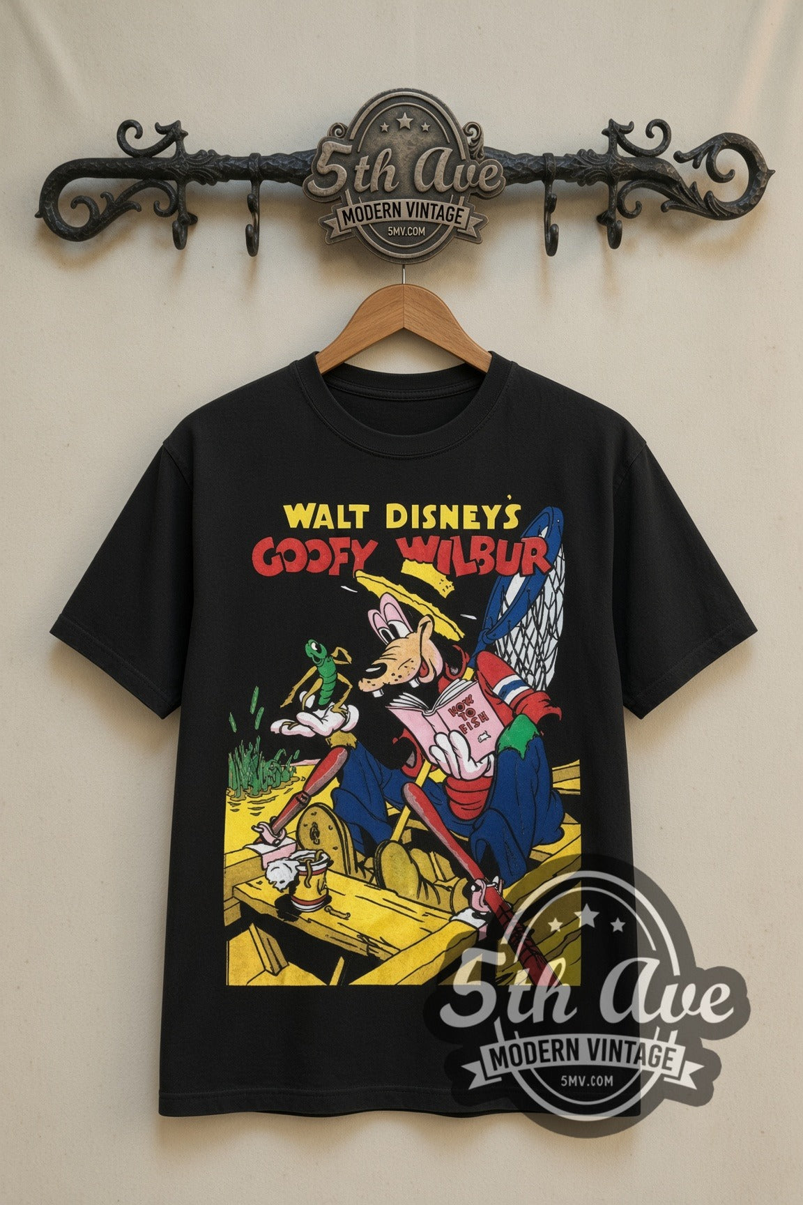 Disney Goofy and Wilbur Fishing cartoon tee in black, front view on a display rack
