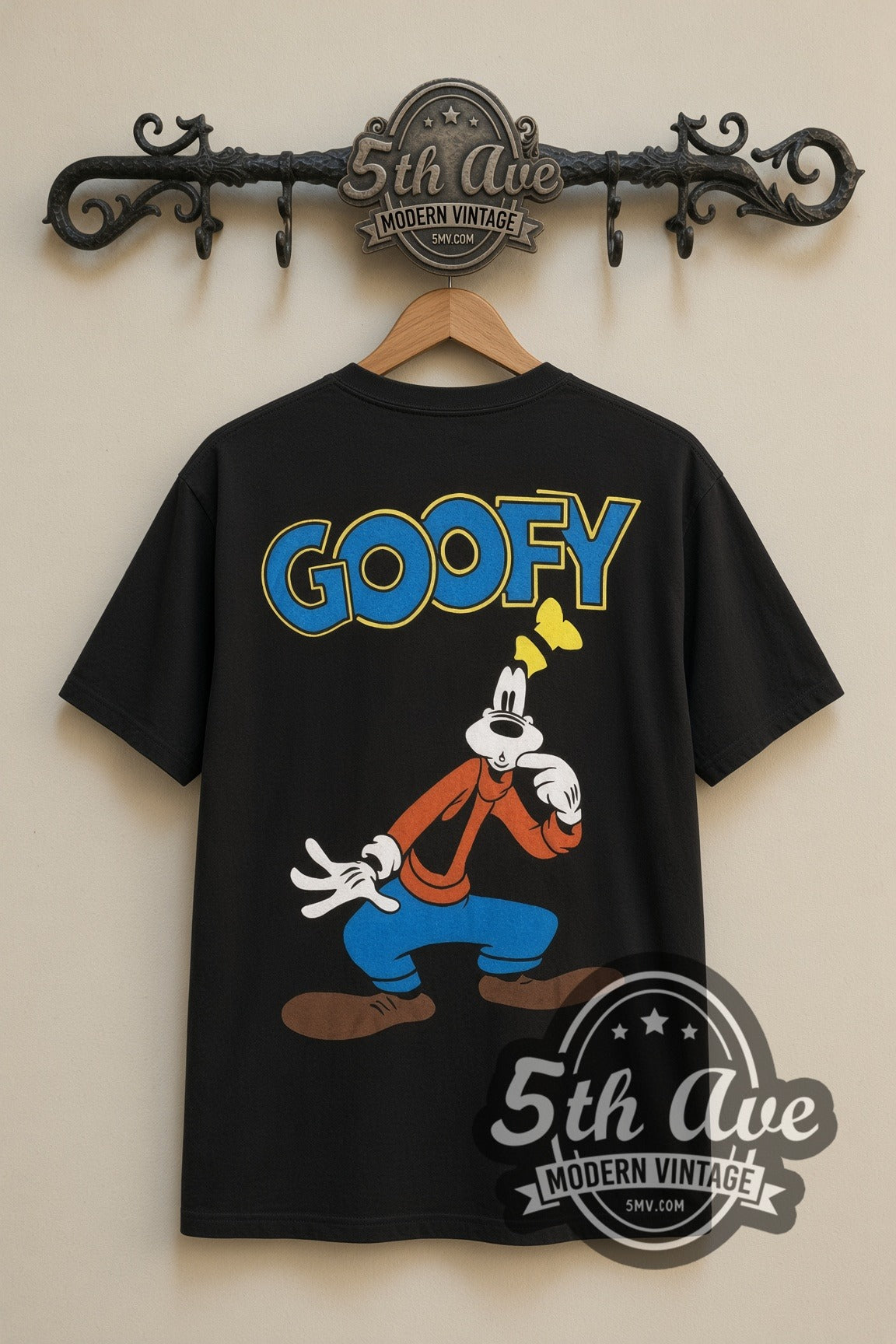 Disney Goofy and Wilbur Fishing cartoon tee in black, back view on a display rack