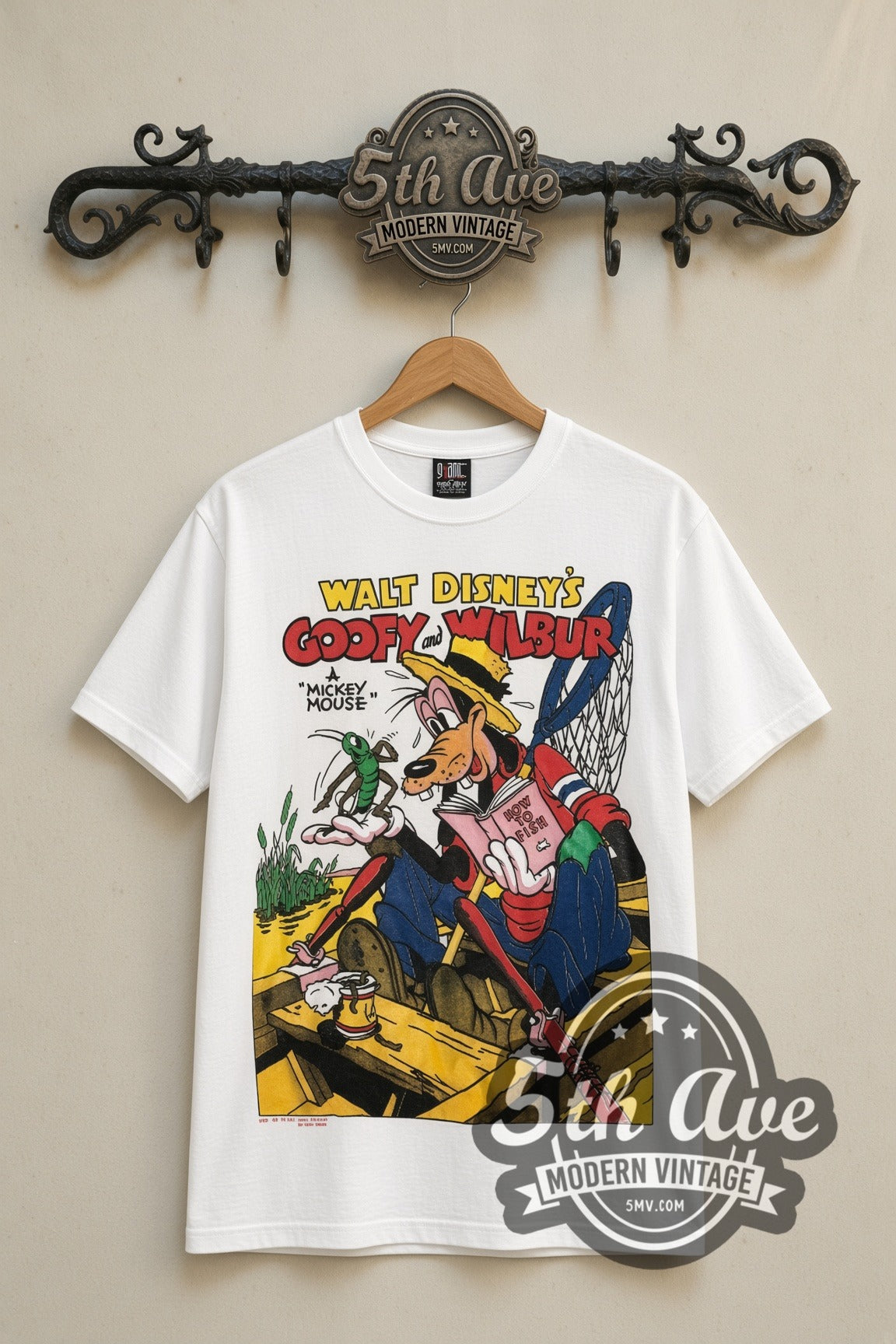 Disney Goofy and Wilbur Fishing cartoon tee in white, front view on a display rack