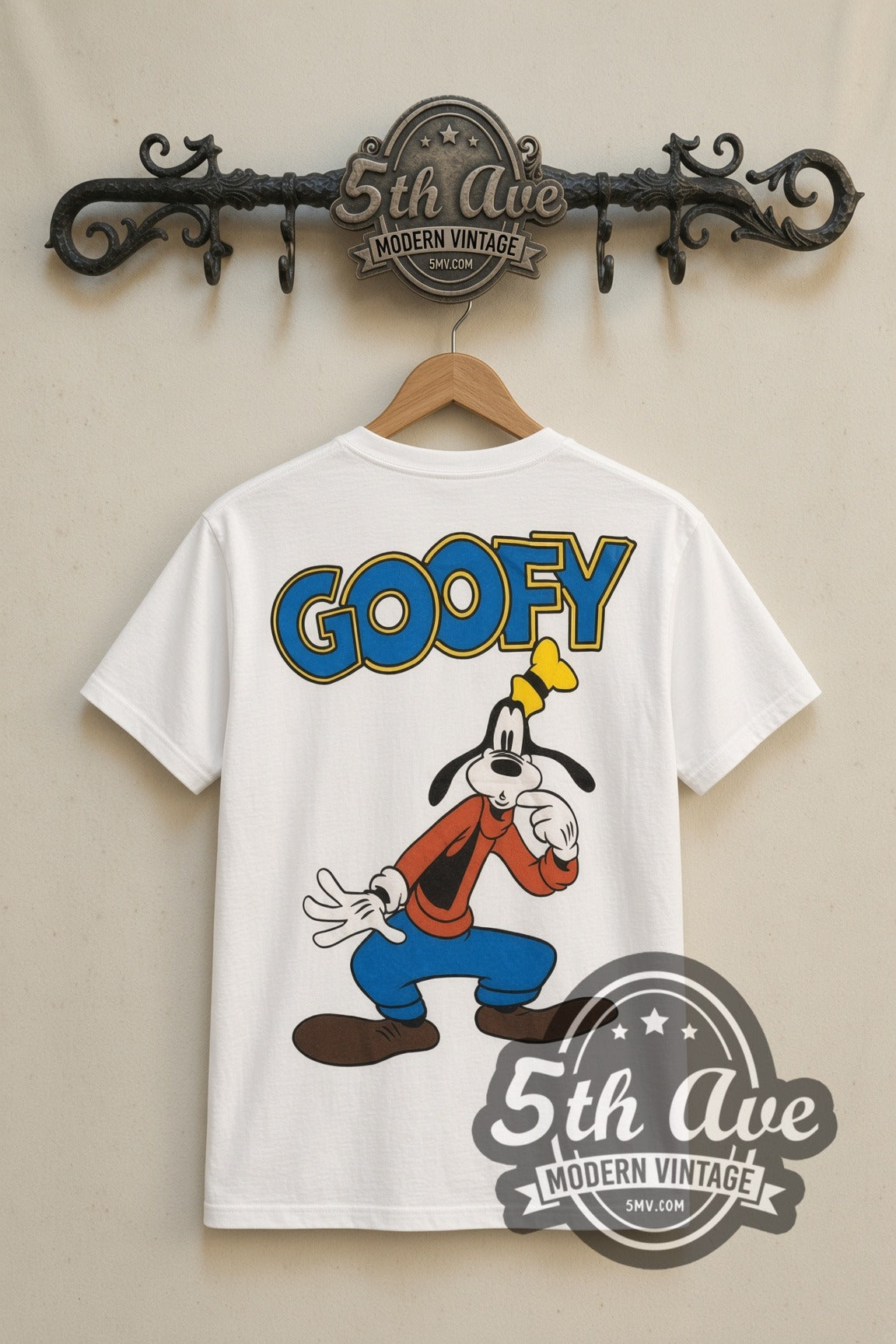 Disney Goofy and Wilbur Fishing cartoon tee in white, back view on a display rack