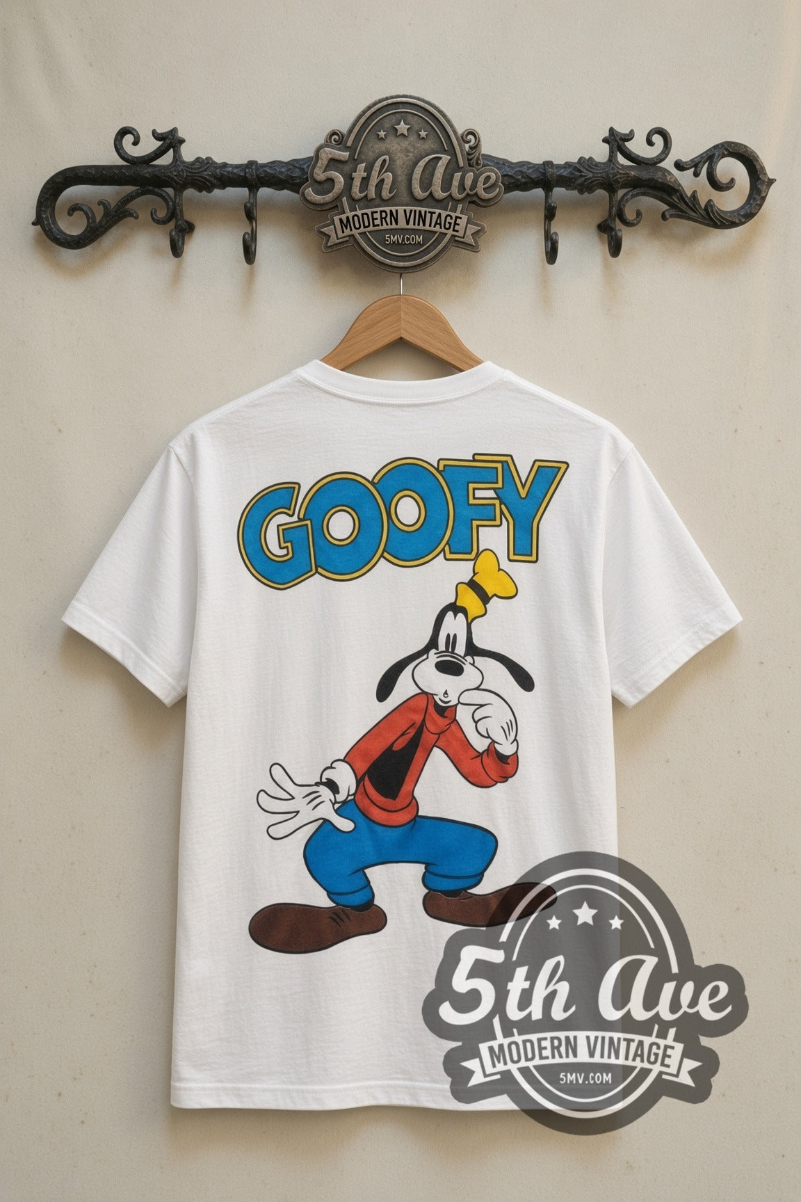 Disney Goofy Goofin Around cartoon tee in white, back view on a display rack