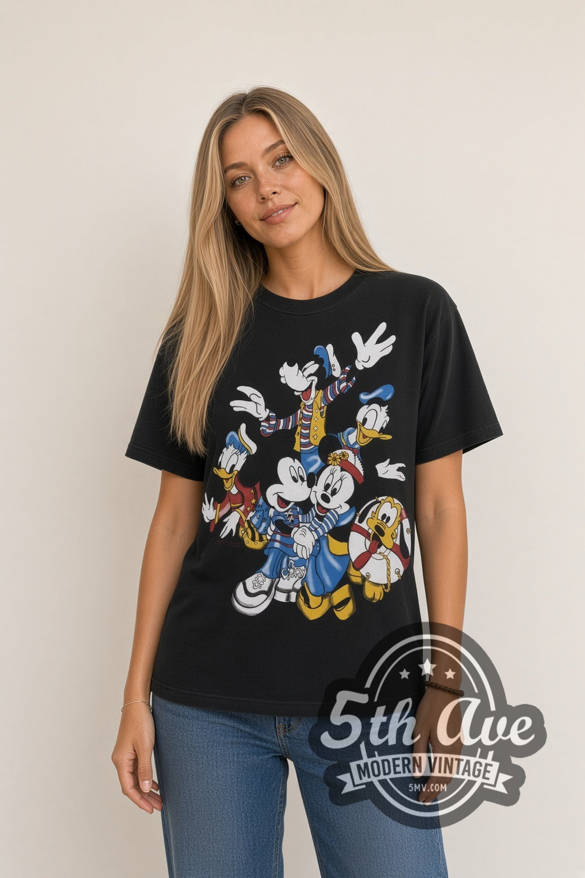 Model wearing the Disney Mickey Friends Nautical Group cartoon tee in black