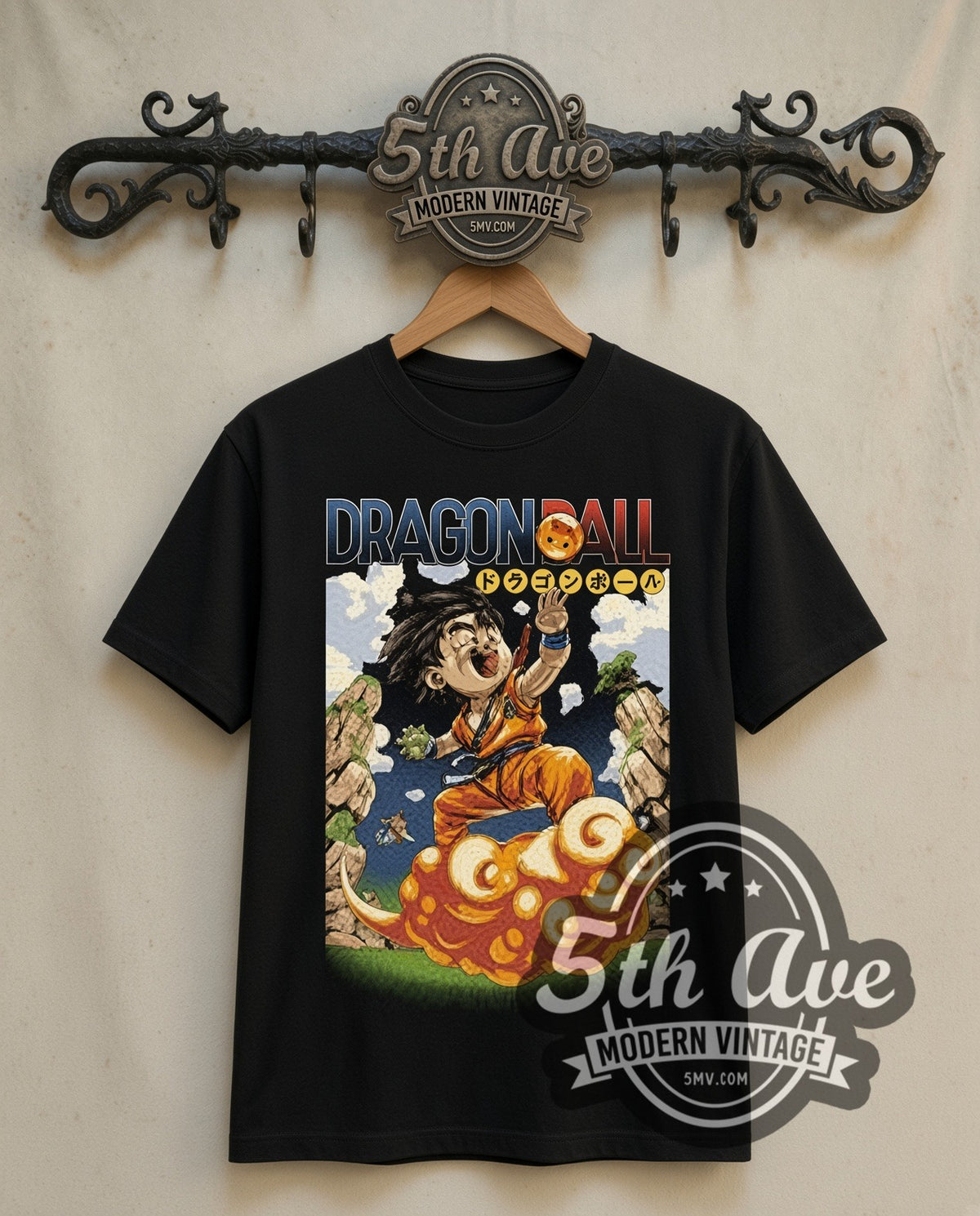 Dragon Ball Kid Goku on Flying Nimbus double stitched black vintage anime tee front on the 5MV rack