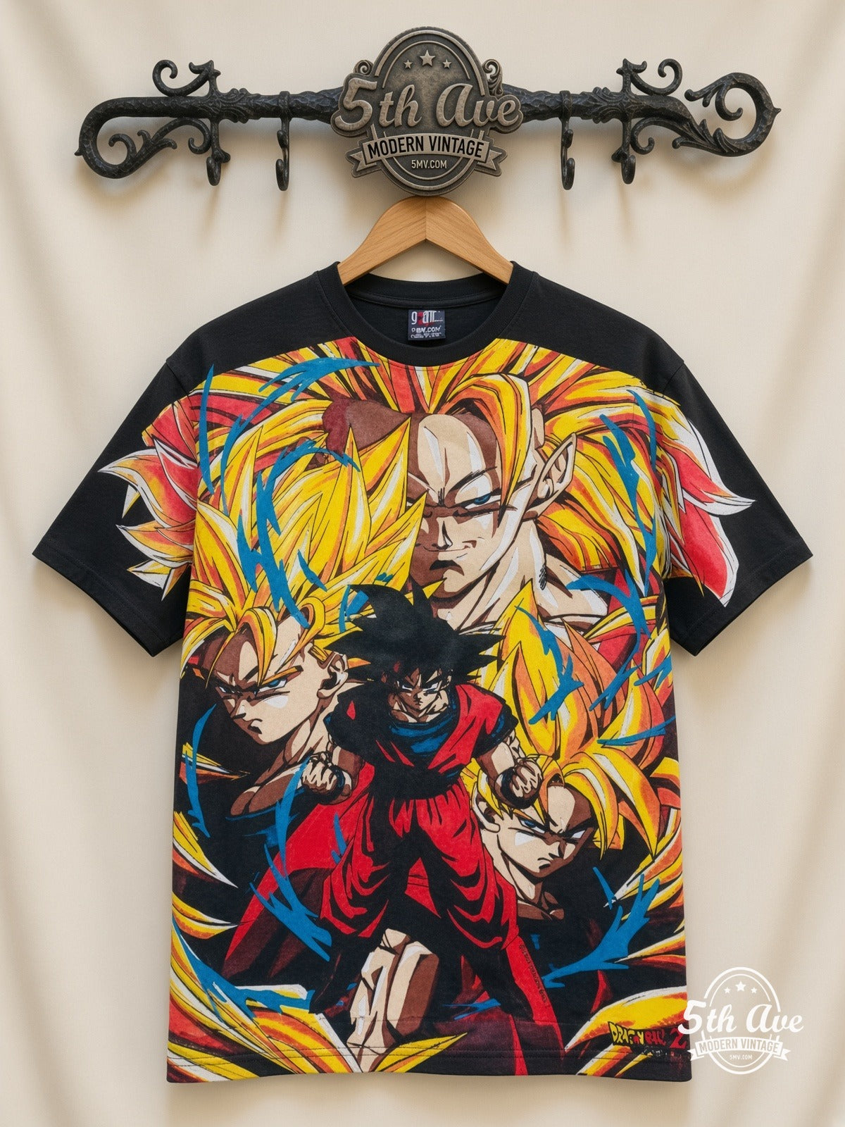 Dragon Ball Z Goku Super Saiyan Forms all over print vintage cartoon t-shirt front on cream 5th Ave rack