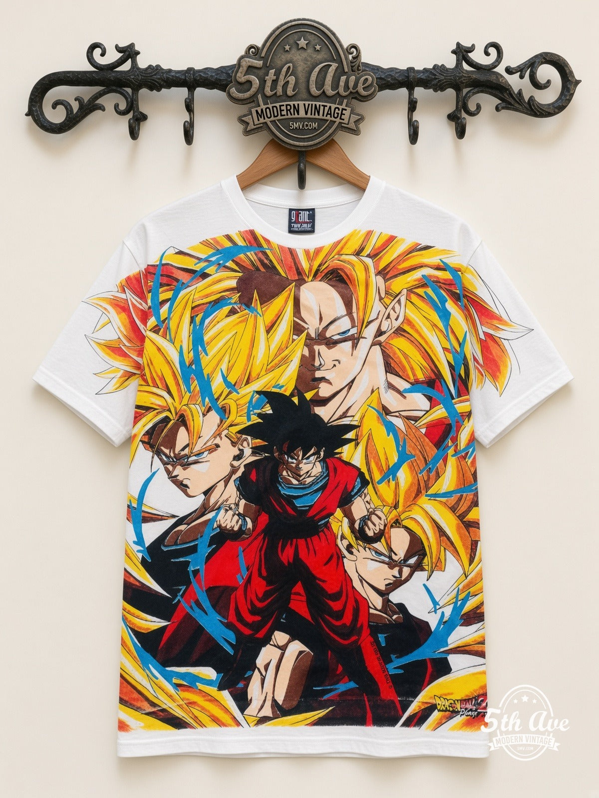 Dragon Ball Z Goku Super Saiyan Forms all over print vintage cartoon t-shirt front on cream 5th Ave rack