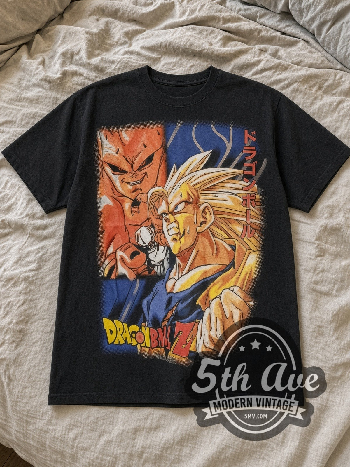Black Dragon Ball Z Majin Buu Saga All Over Print Vintage Anime T-Shirt laid flat on a linen bed