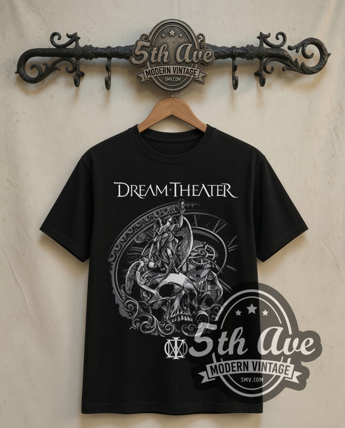 Dream Theater Skull and Clockwork double stitched black tee front on dark iron 5th Ave rack