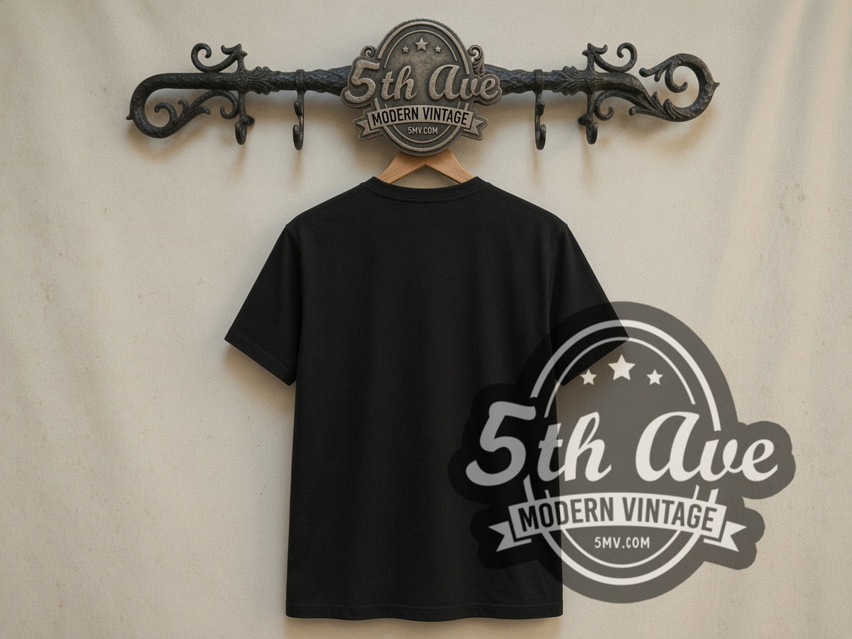 Plain black back of Dream Theater Skull and Clockwork double stitched tee on rack