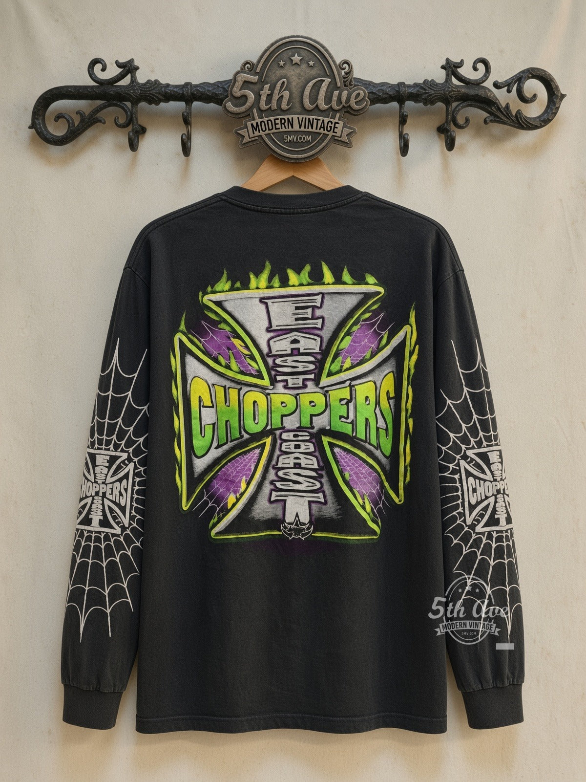 East Coast Choppers Green Flame Iron Cross Spiderweb Long Sleeve vintage motorsports tee back on cream 5th Ave rack