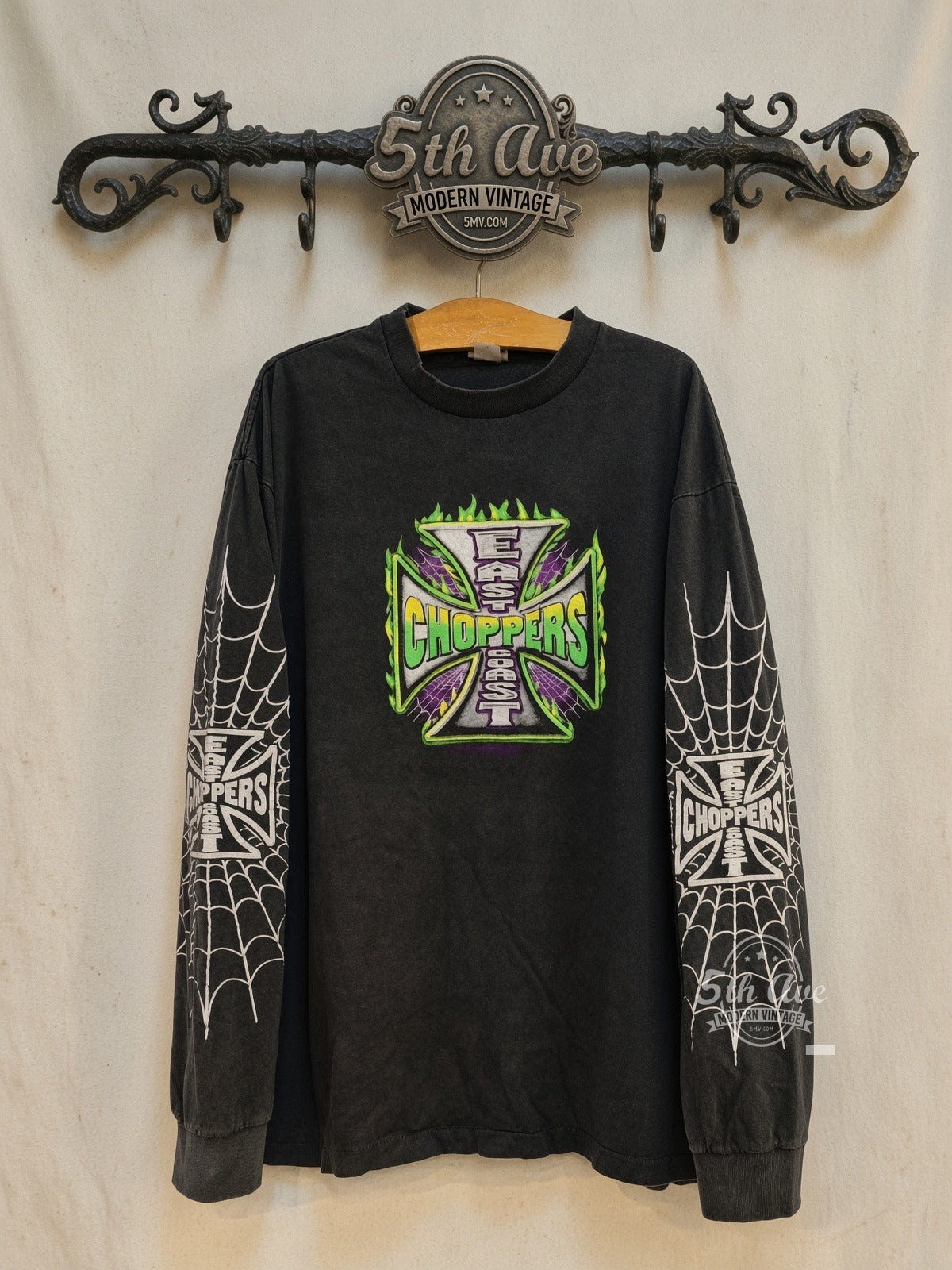 East Coast Choppers Green Flame Iron Cross Spiderweb Long Sleeve vintage motorsports tee front on cream 5th Ave rack