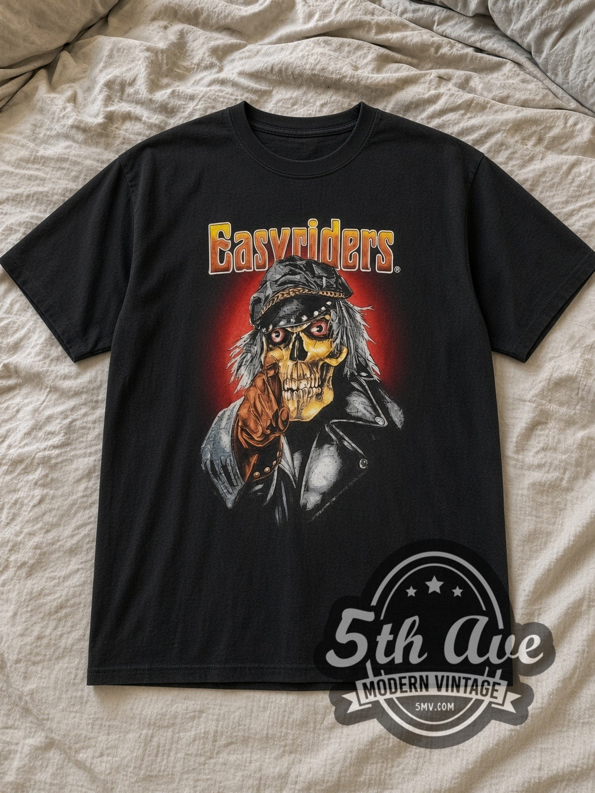 Black Easyriders x Harley Davidson Salina, KS Vintage Harley-Davidson T-Shirt laid flat on a linen bed