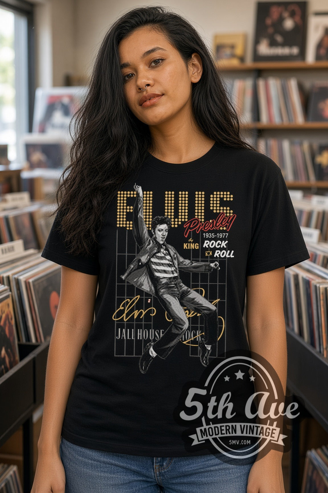 Woman wearing Elvis Presley Jailhouse Rock double stitched black graphic tee