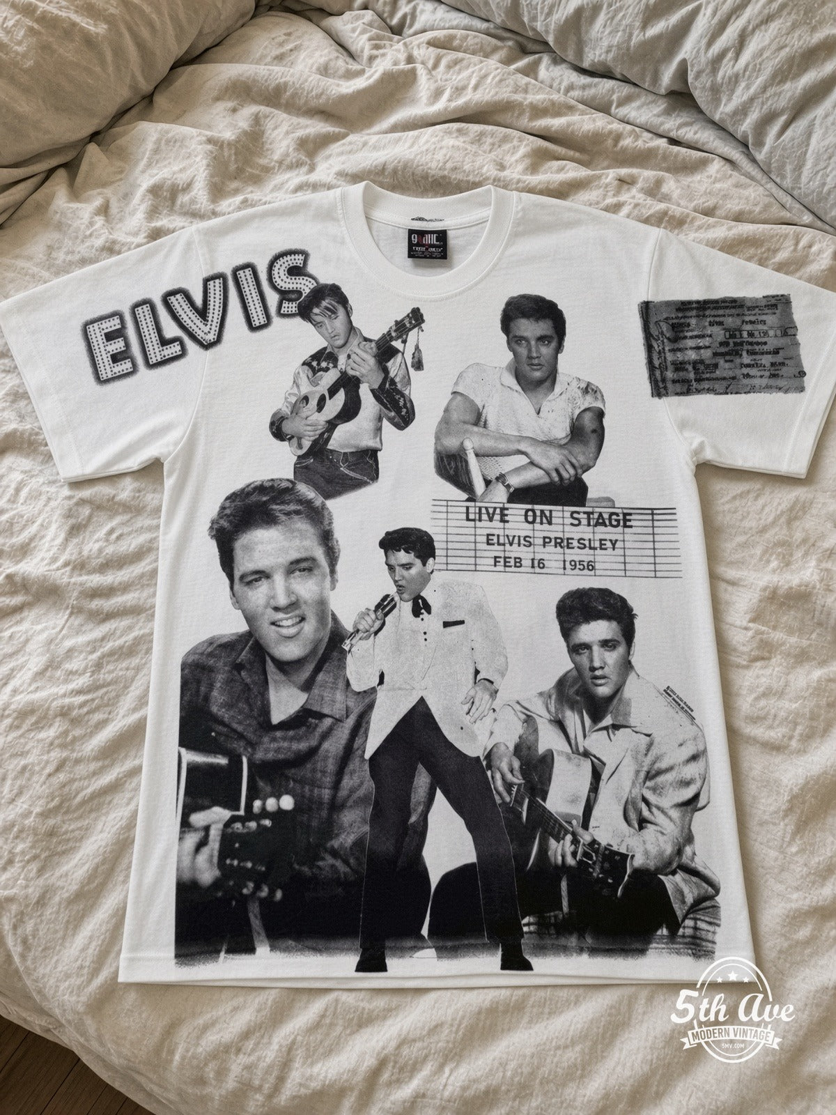 Elvis Presley Live On Stage Collage White all over print vintage tee laid on bed