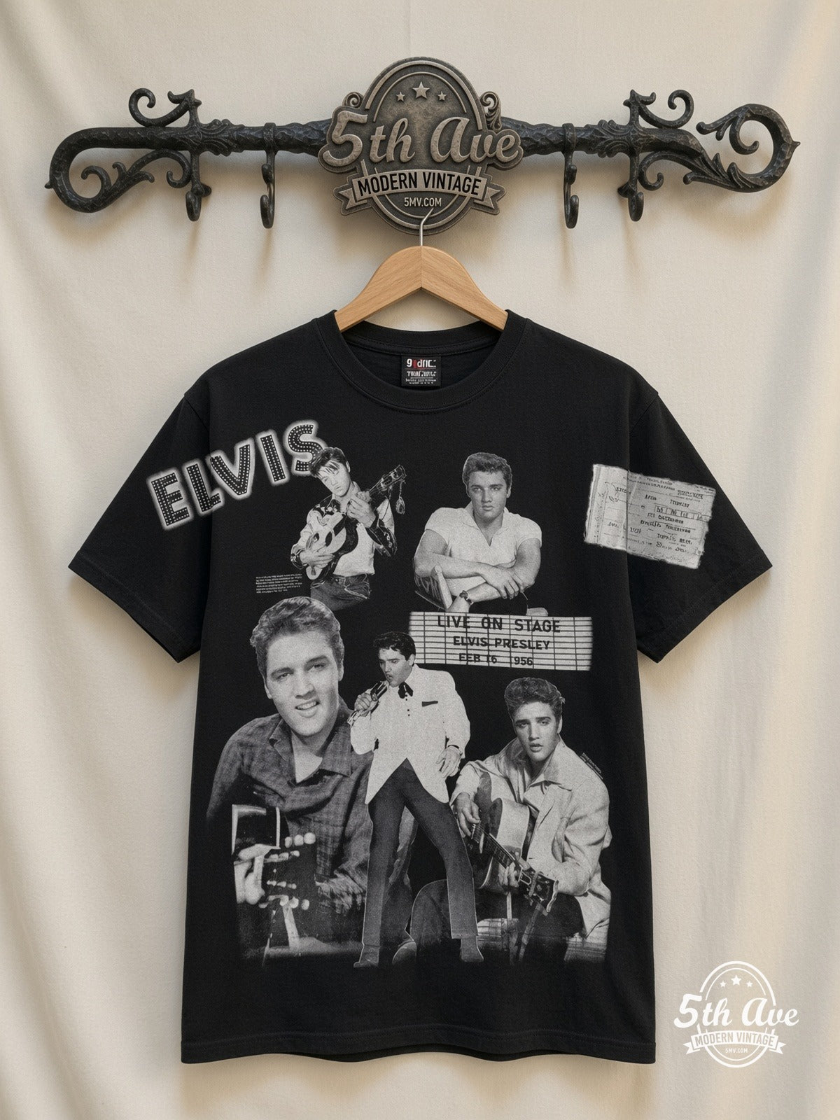 Elvis Presley Live On Stage Collage all over print vintage graphic tee front on cream 5th Ave rack