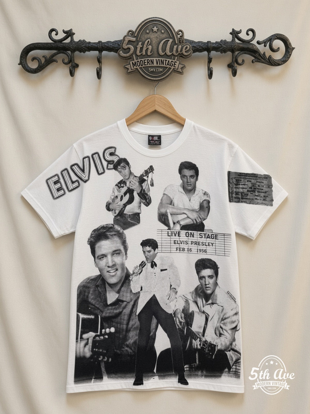 Elvis Presley Live On Stage Collage White all over print vintage graphic tee front on cream 5th Ave rack