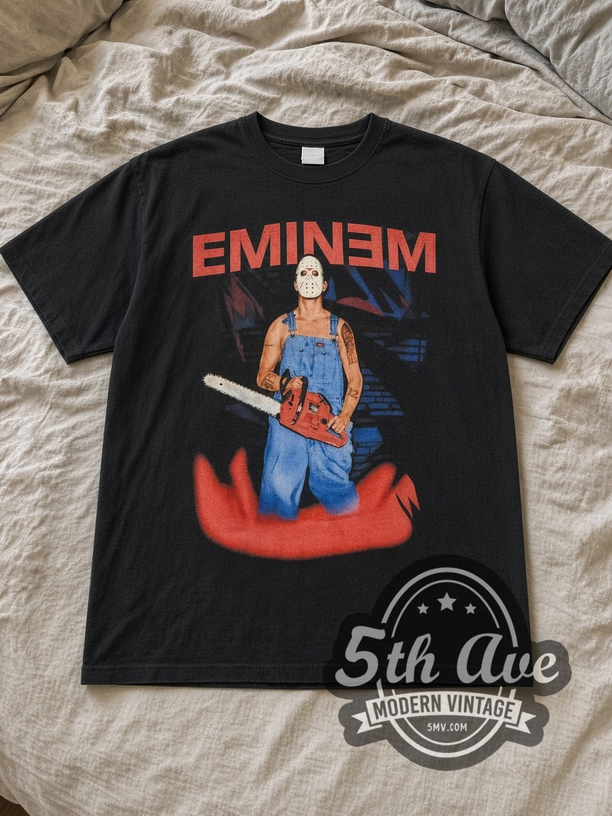 Black Eminem Anger Management Tour [European Tour 2001] EMINƎM Vintage Rap Tee laid flat on a linen bed