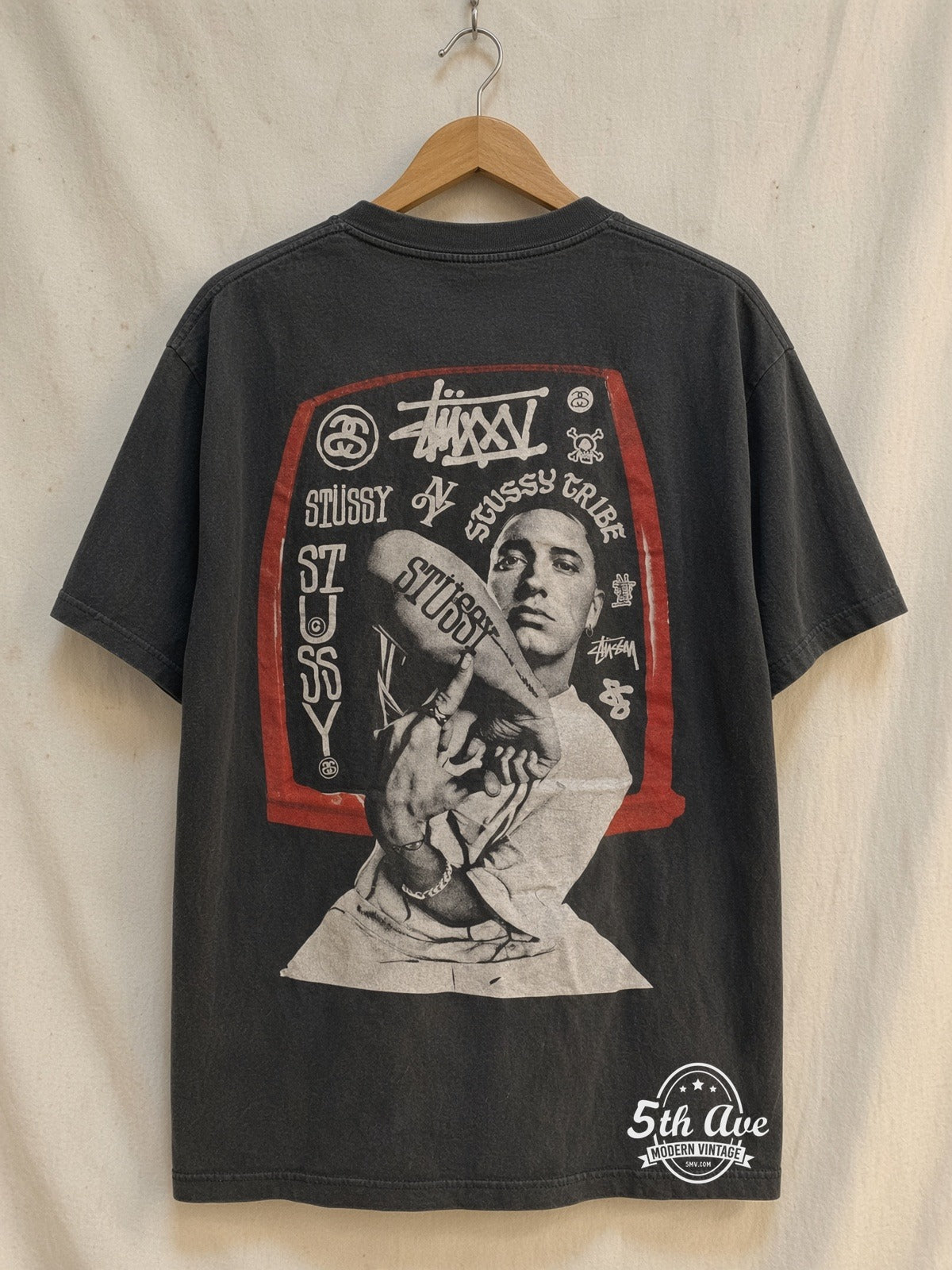 Eminem Stussy Pins and Needles vintage band t-shirt back on rack