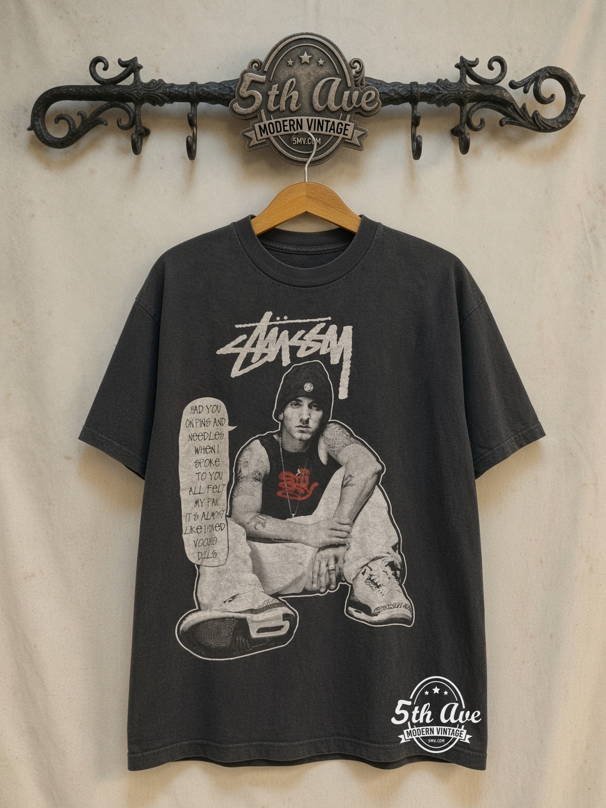 Eminem Stussy Pins and Needles vintage band t-shirt on rack