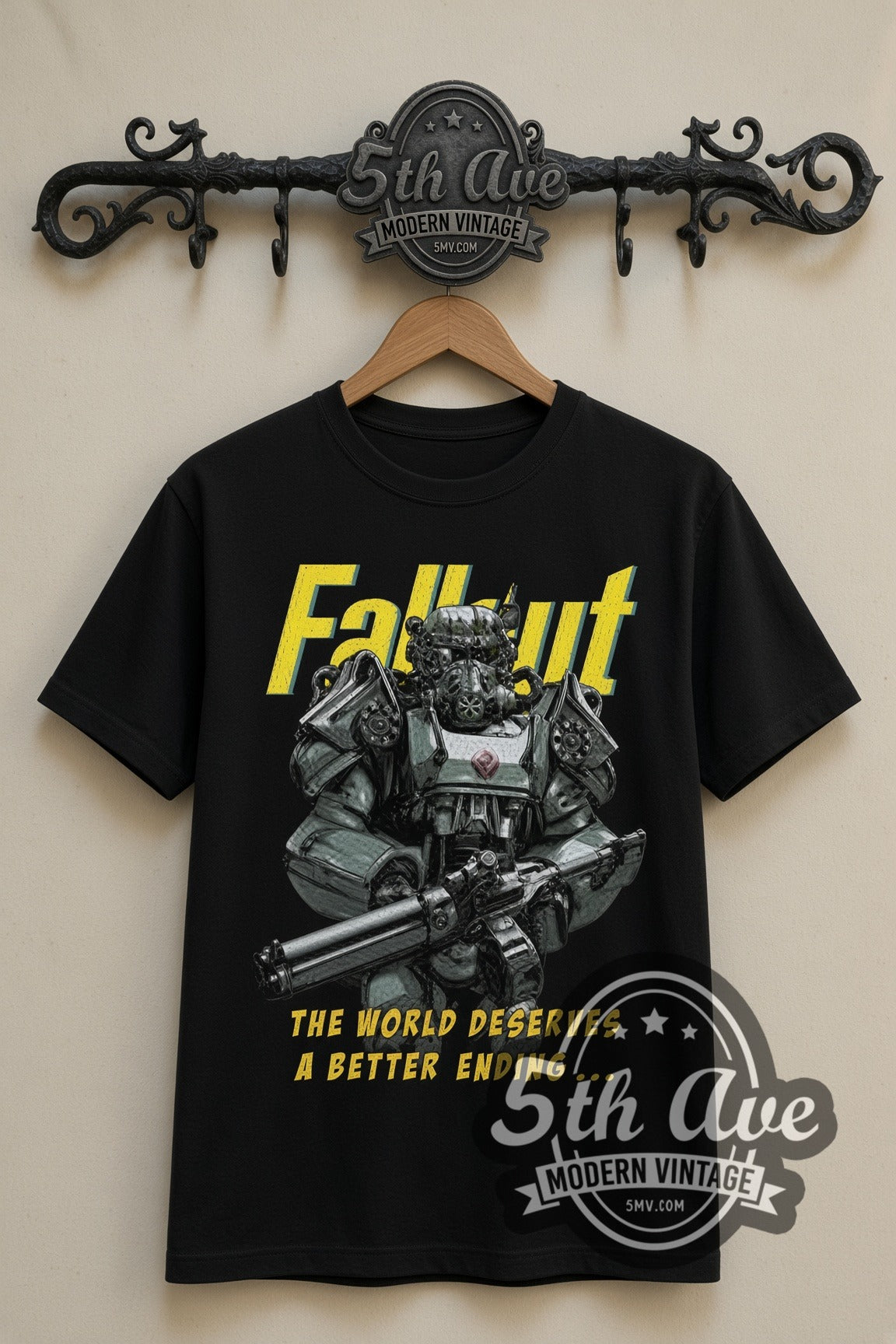 Fallout Power Armor double stitched black tee front on dark iron 5th Ave rack