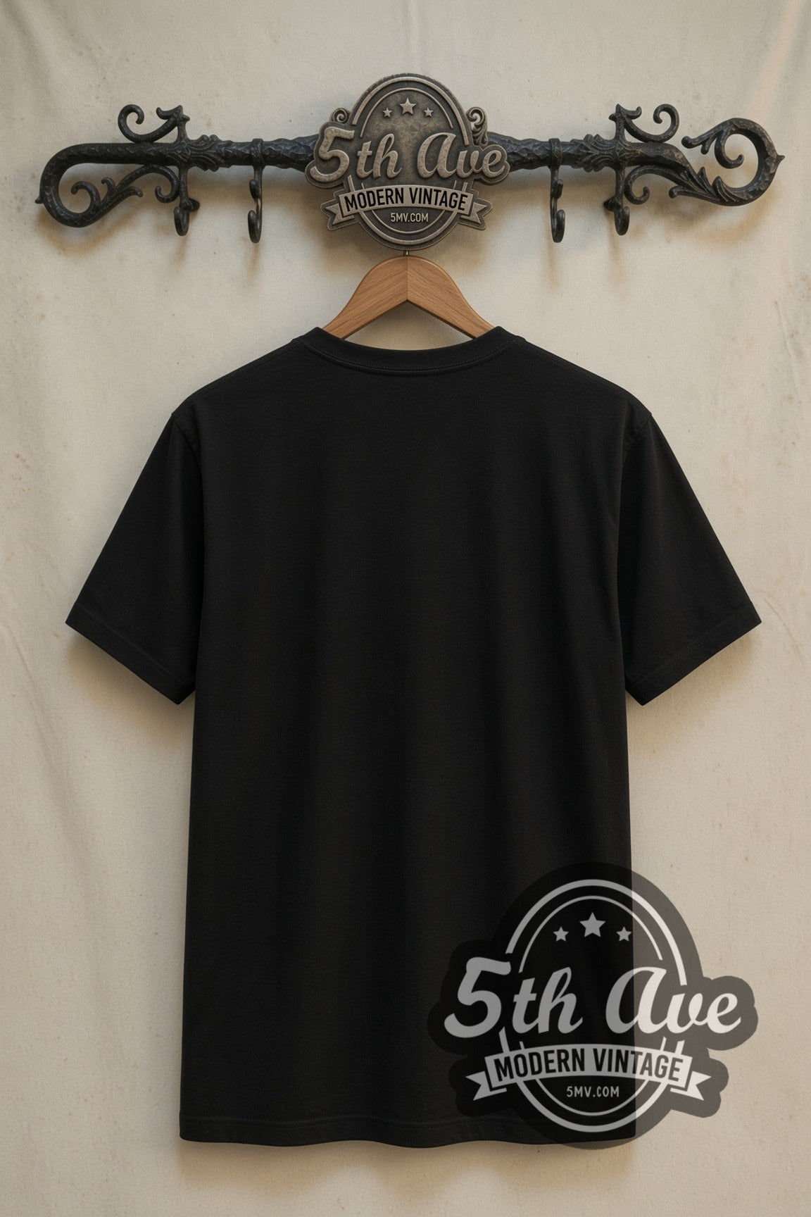 Plain black back of Fallout Power Armor double stitched tee on rack