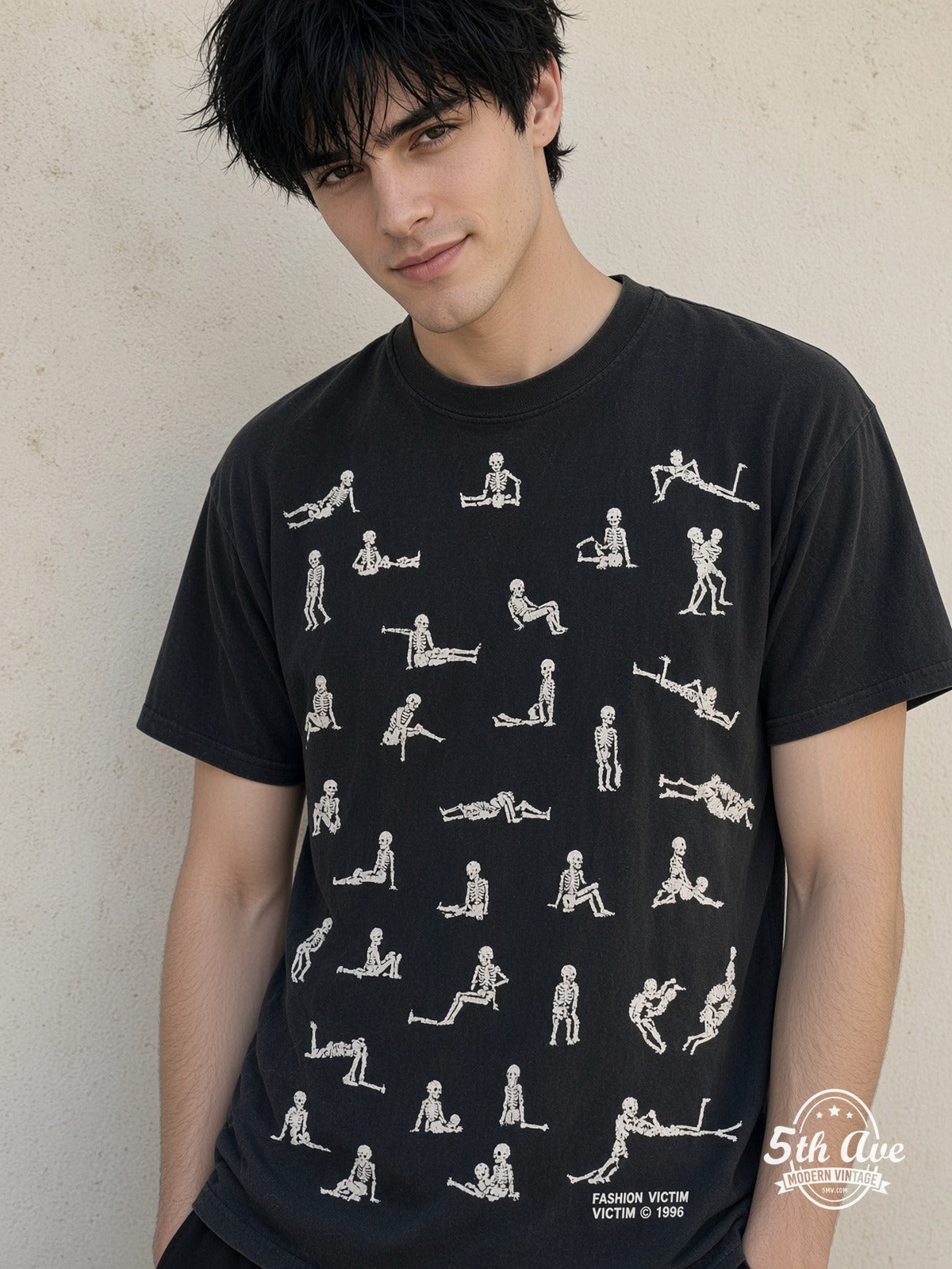 Model wearing Fashion Victim Skeleton Kama Sutra 1996 vintage t-shirt