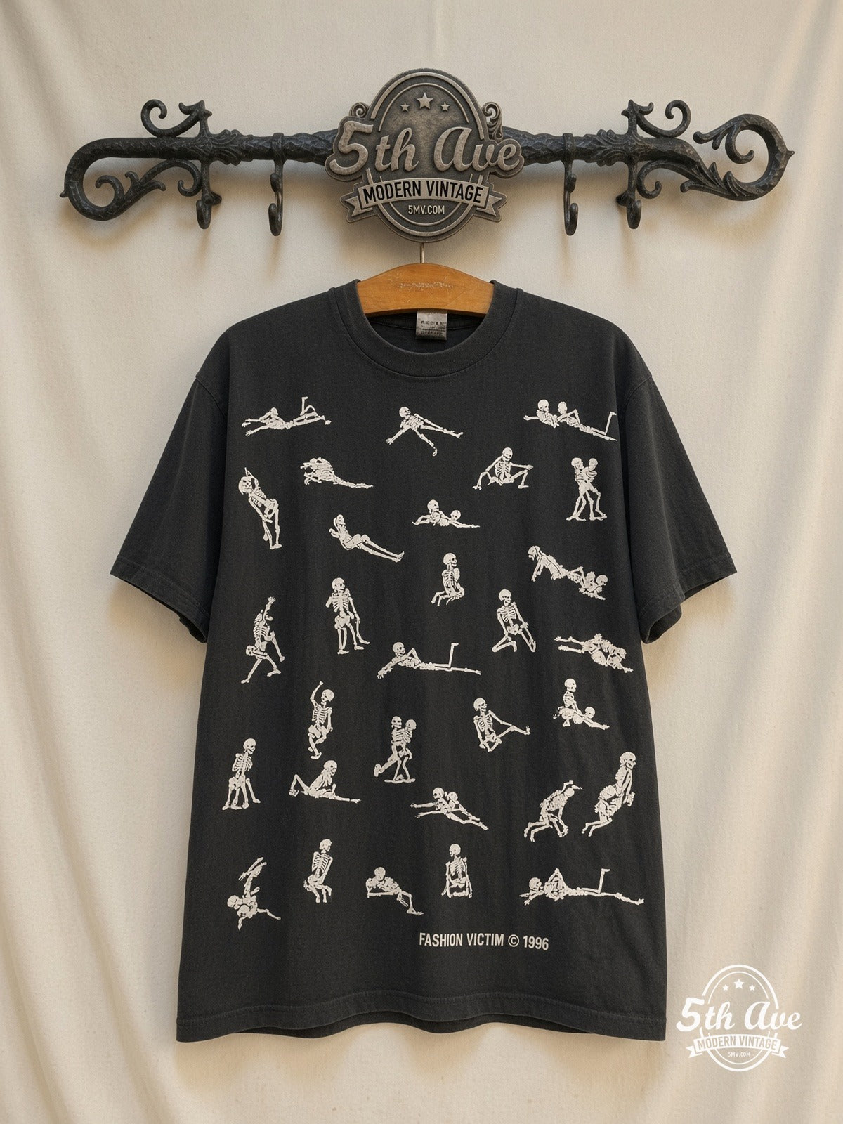 Fashion Victim Skeleton Kama Sutra 1996 vintage t-shirt on rack