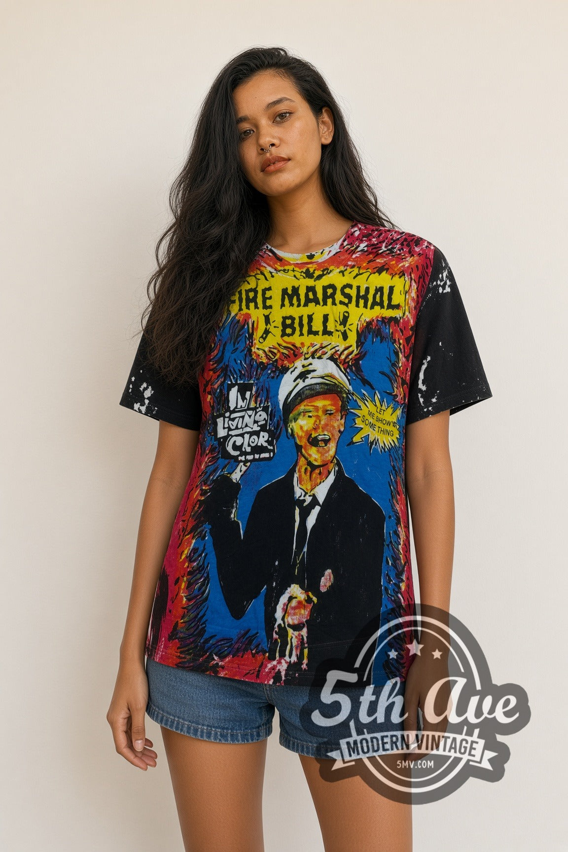 Model wearing the Fire Marshal Bill In Living Color all-over-print vintage movie t-shirt