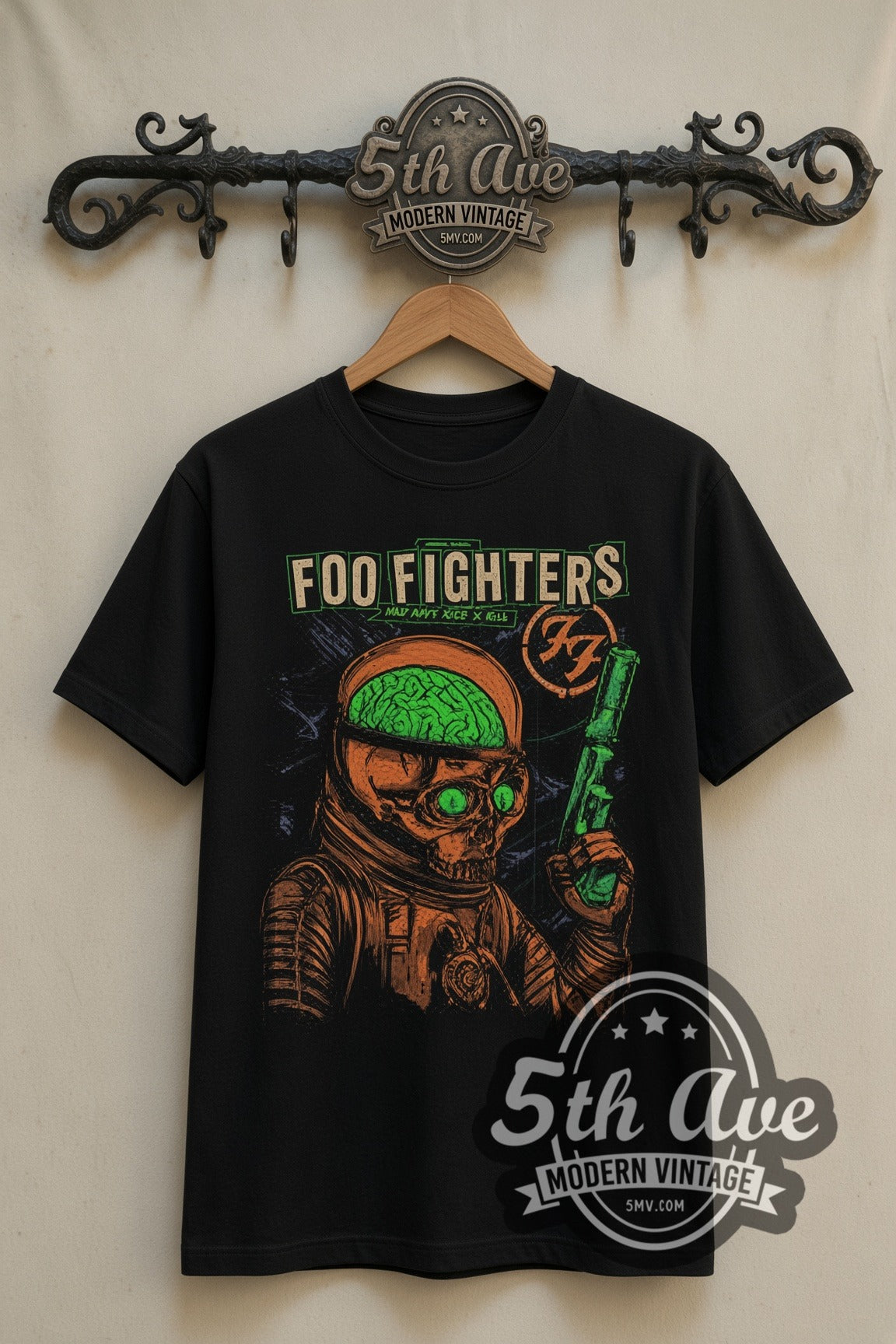 Foo Fighters Astronaut Alien with Ray Gun double stitched black vintage band tee front on the 5MV rack