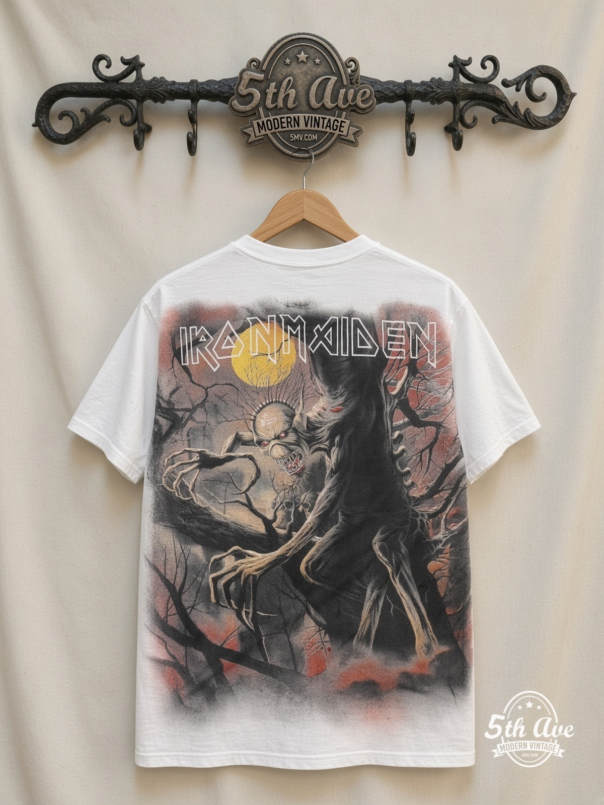 Iron Maiden Fear of the Dark Eddie tree moon AOP white vintage band t-shirt back on cream 5th Ave rack