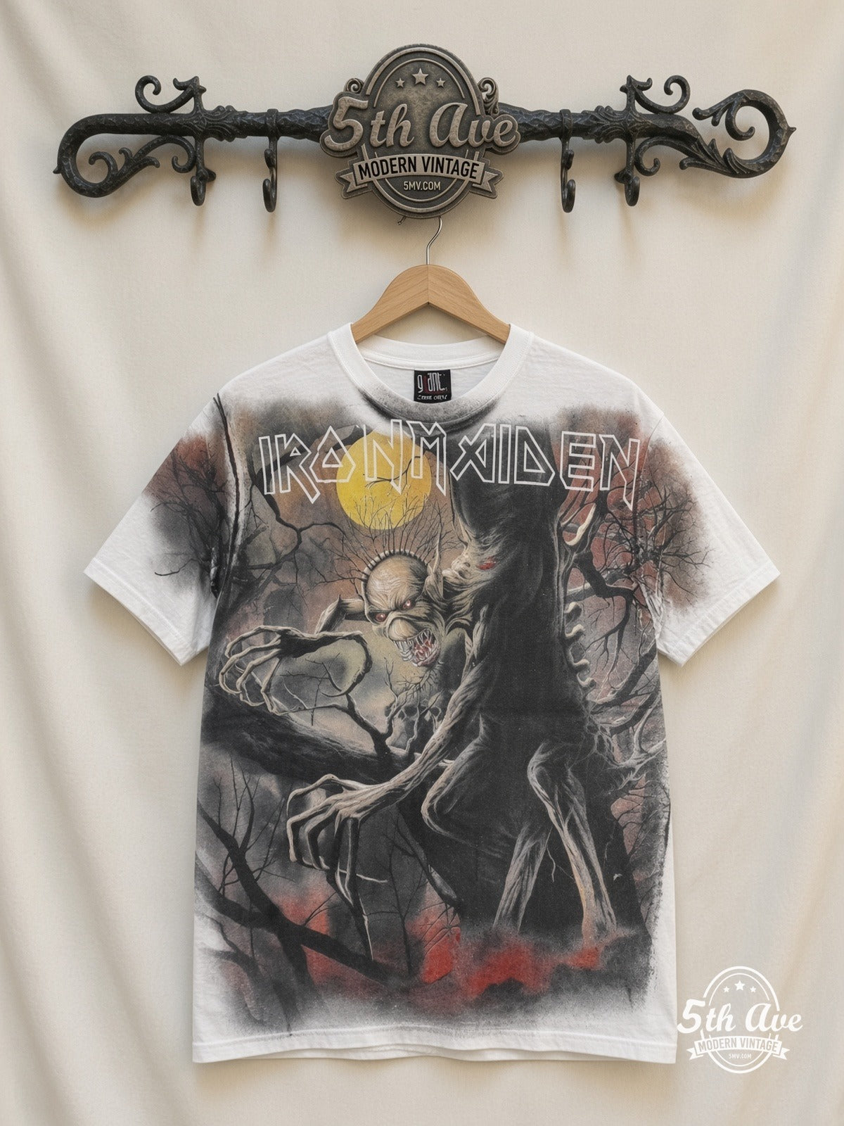 Iron Maiden Fear of the Dark Eddie tree moon AOP white vintage band t-shirt front on cream 5th Ave rack