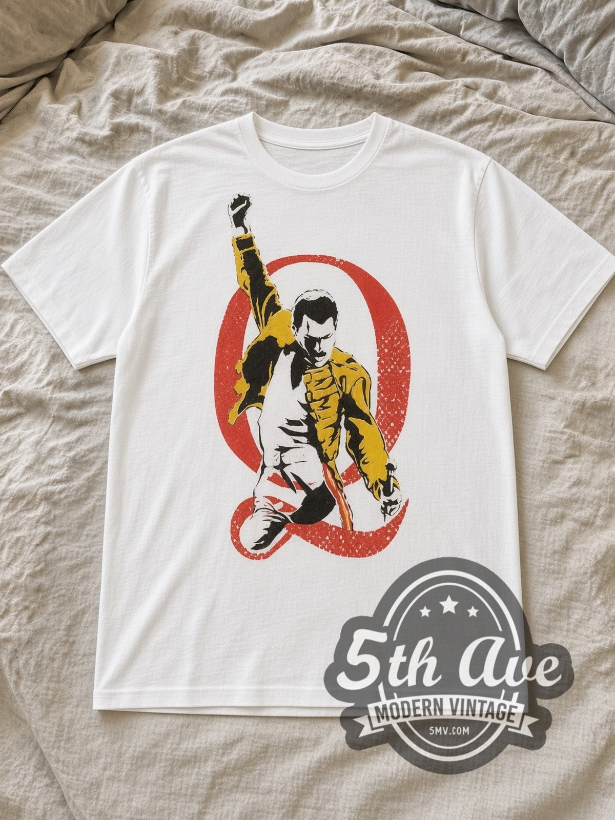 White Queen Freddie Mercury Vintage Band T-Shirt laid flat on a linen bed