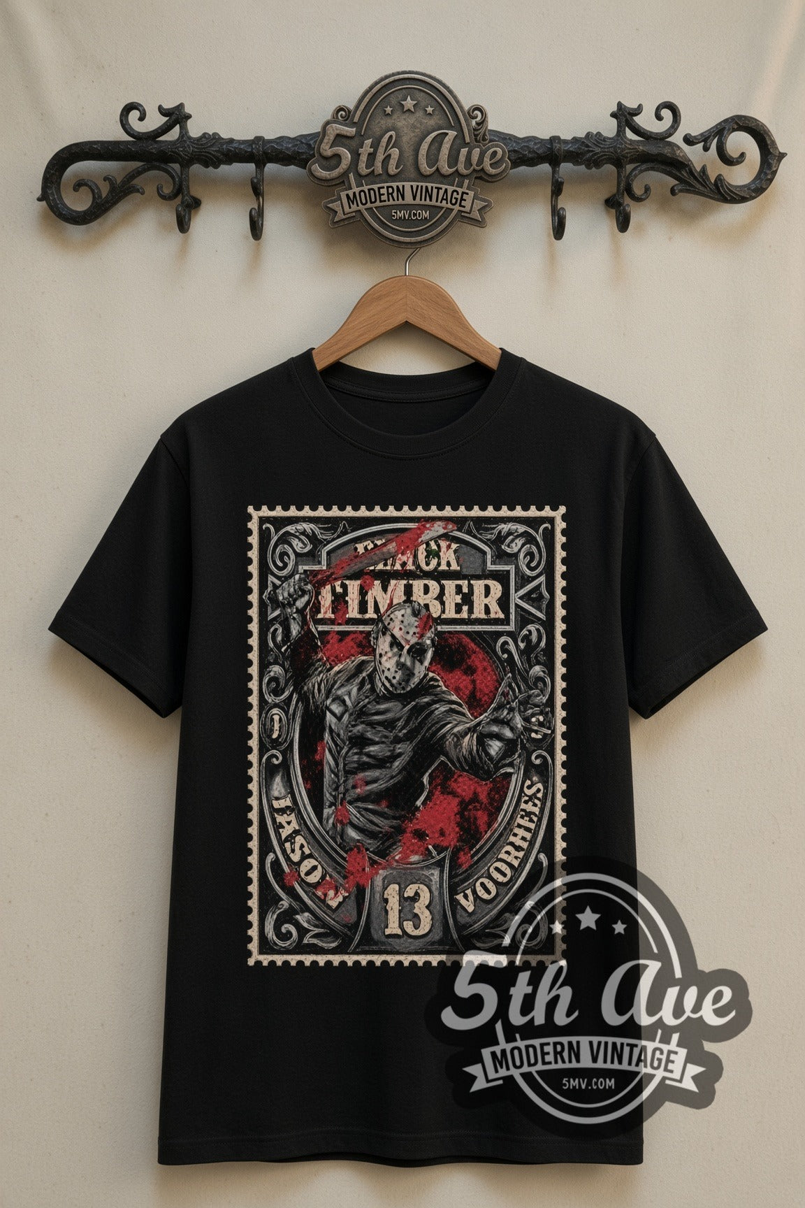 Friday the 13th Jason Voorhees Black Timber Frame double stitched black vintage movie tee front on dark iron 5th Ave rack