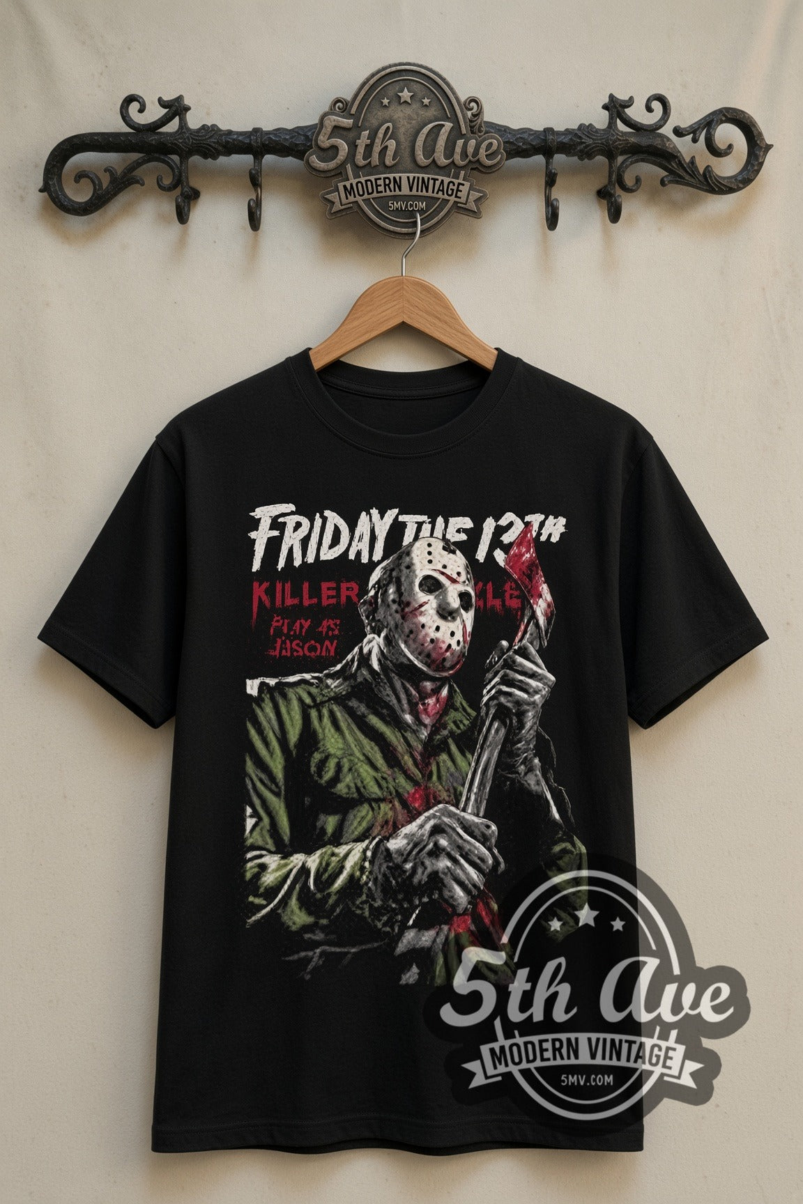 Friday the 13th Jason Voorhees double stitched black vintage movie tee front on dark iron 5th Ave rack